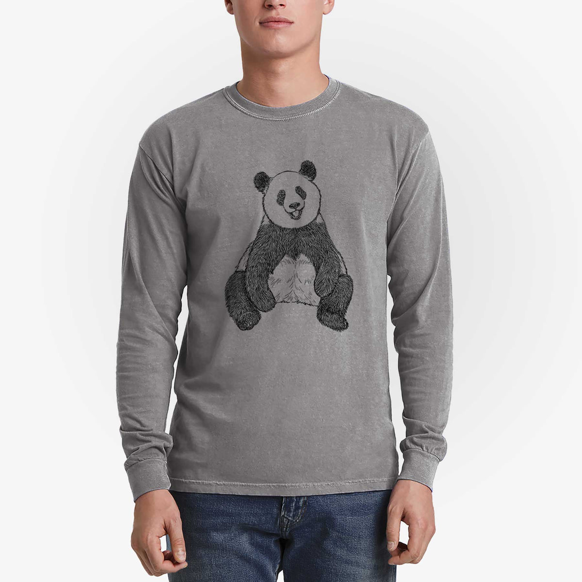 Ailuropoda melanoleuca - Giant Panda Sitting - Men&#39;s Heavyweight 100% Cotton Long Sleeve