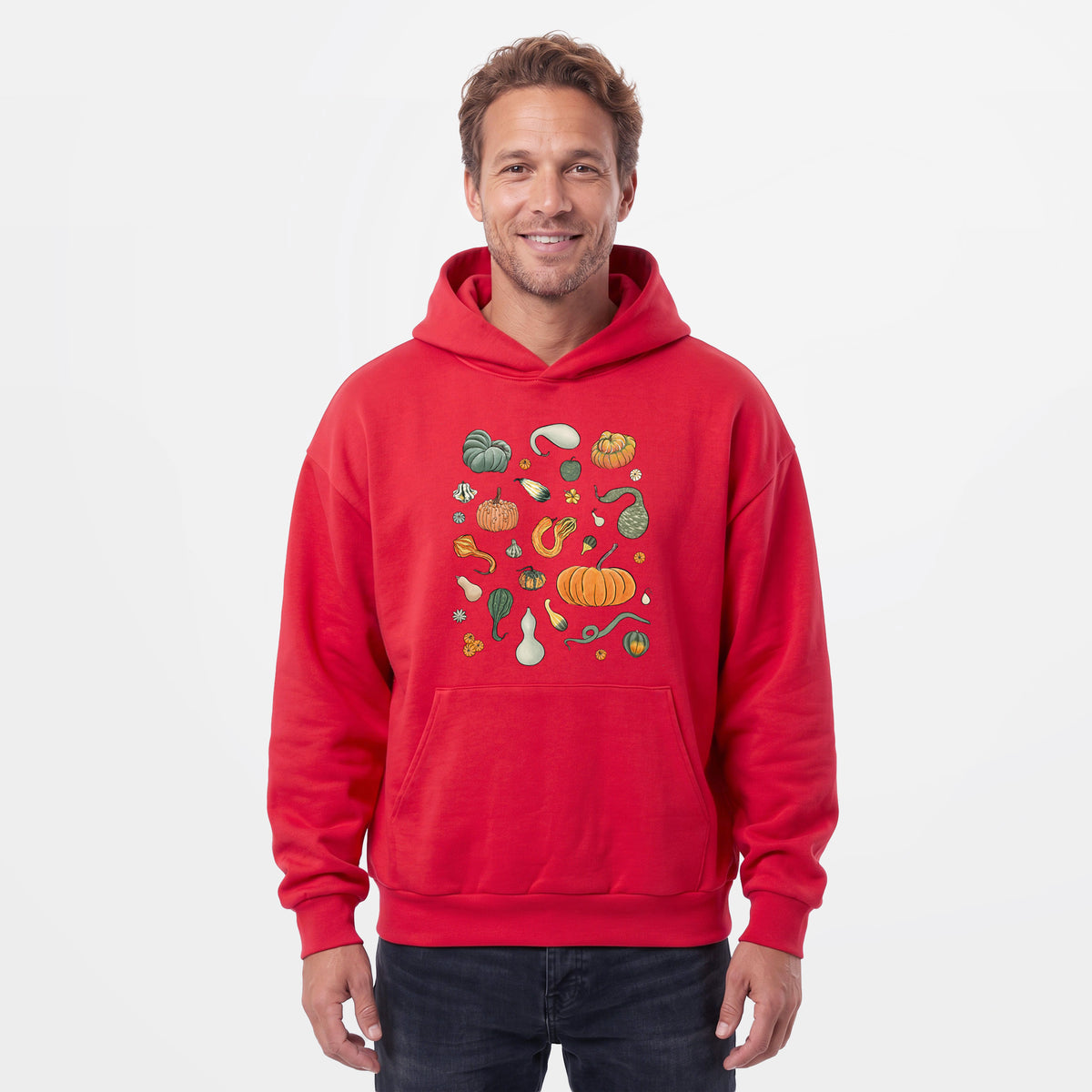 Male model wearing the Pumpkin Patch Finds - Statement Midweight Hoodie.