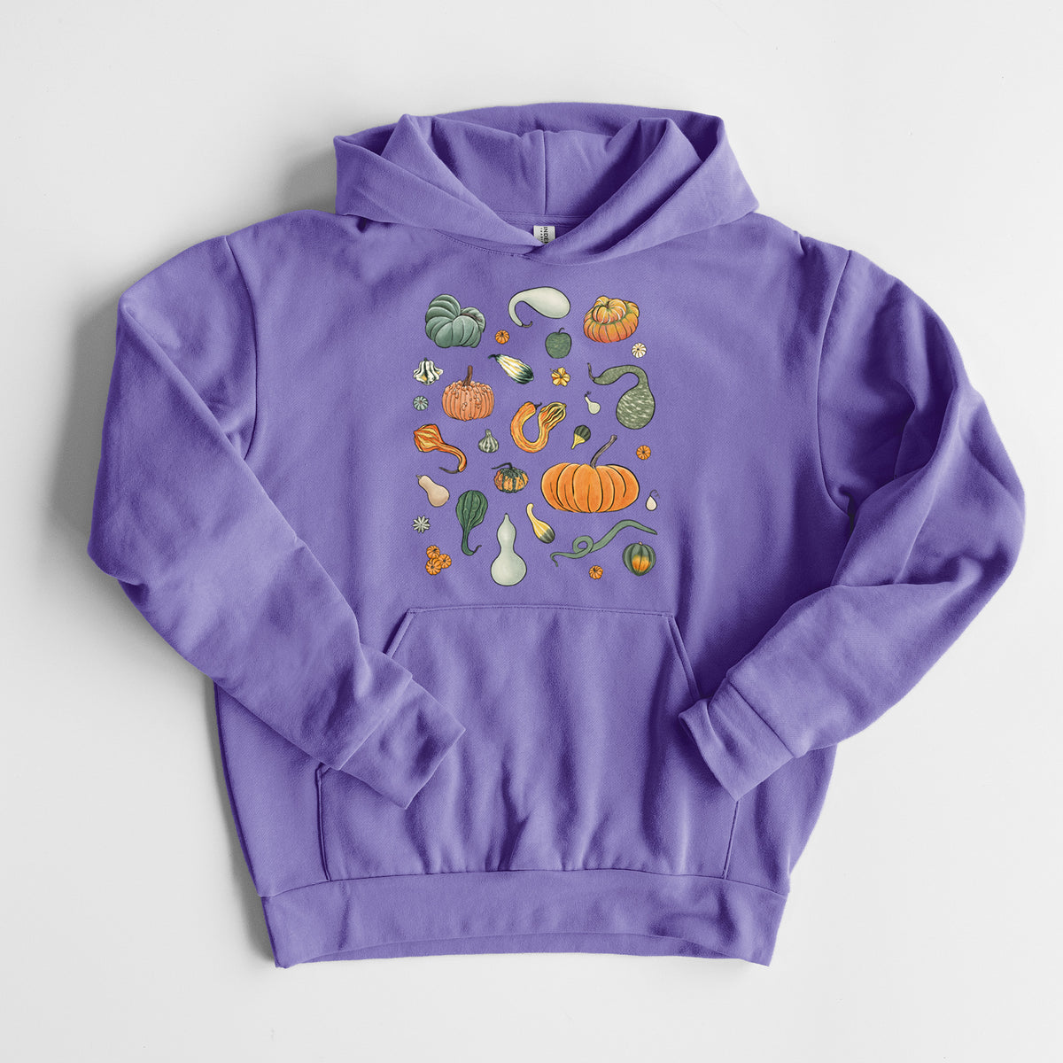 Pumpkin Patch Finds - Statement Midweight Hoodie in Violet, laid flat, showing the oversized boxy fit and front kangaroo pocket.