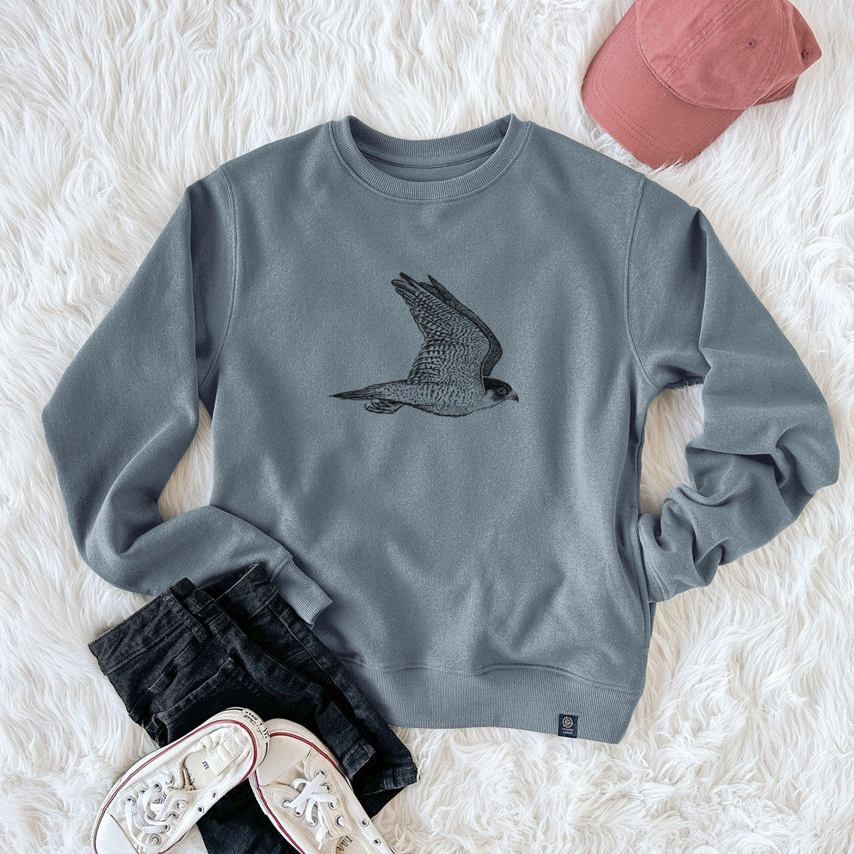 Flying Peregrine - Falco peregrinus  - Unisex Reclaimed Crewneck Sweatshirt