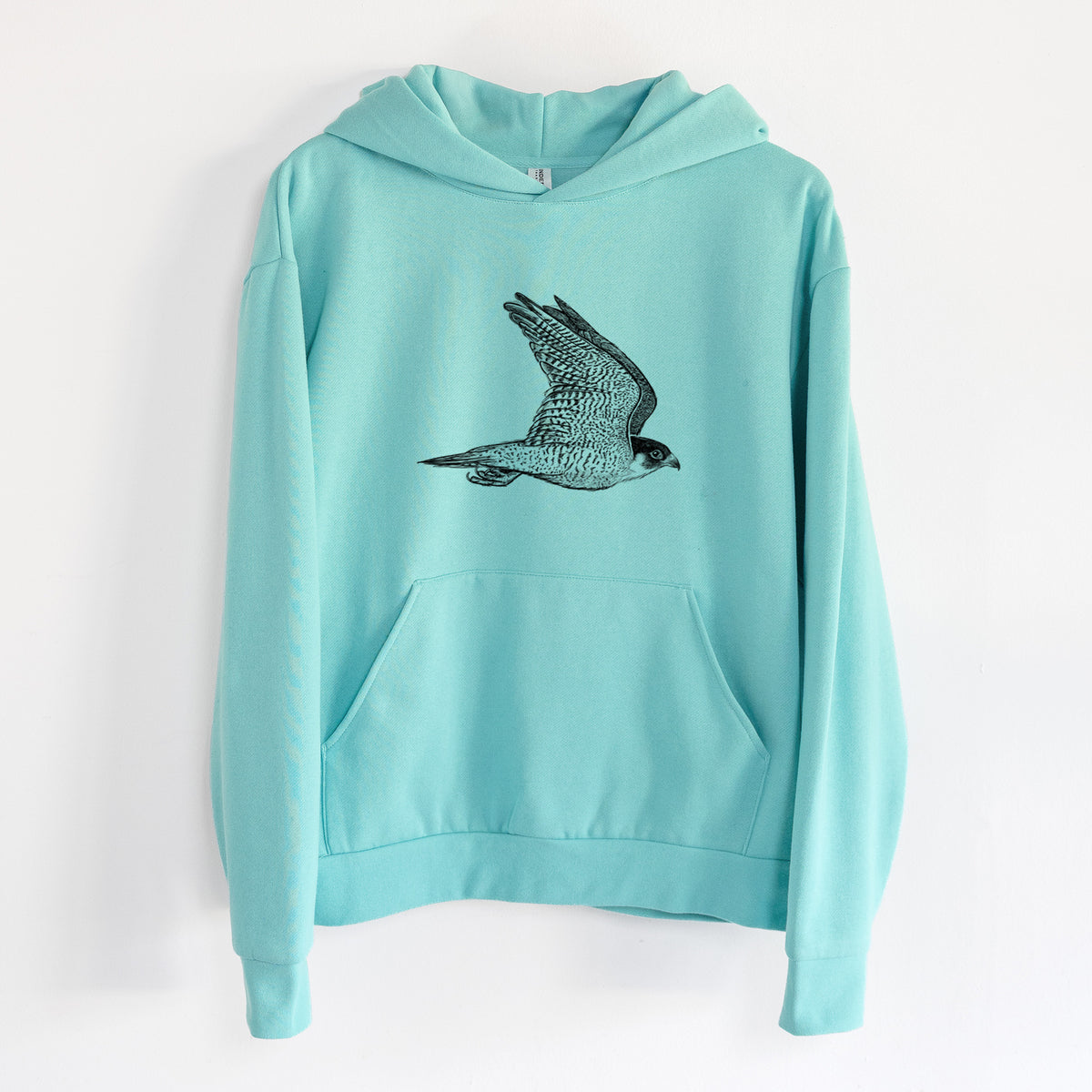 Flying Peregrine - Falco peregrinus - Statement Midweight Hoodie in Seafoam, hanging on a white wall, with a front kangaroo pocket and no drawcords.