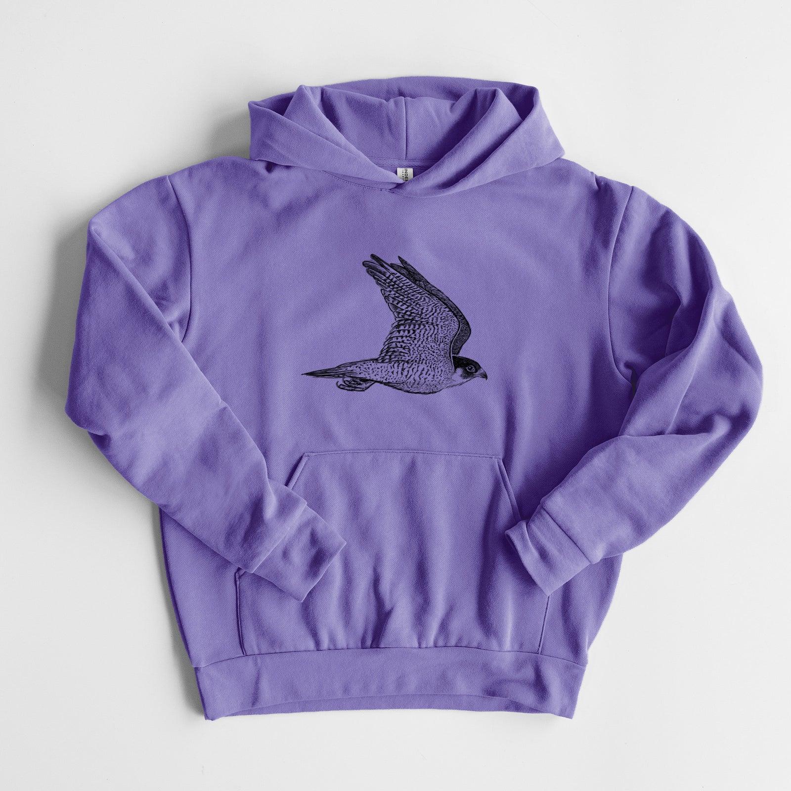 Flying Peregrine - Falco peregrinus - Statement Midweight Hoodie in Violet, laid flat, showing the oversized boxy fit and front kangaroo pocket.