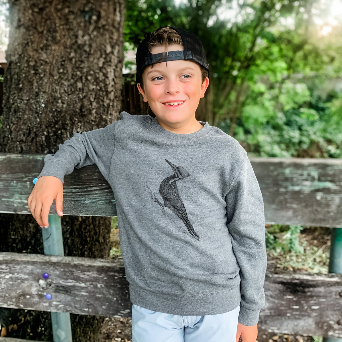 Pileated Woodpecker - Dryocopus pileatus - Youth Lightweight Crewneck Sweatshirt