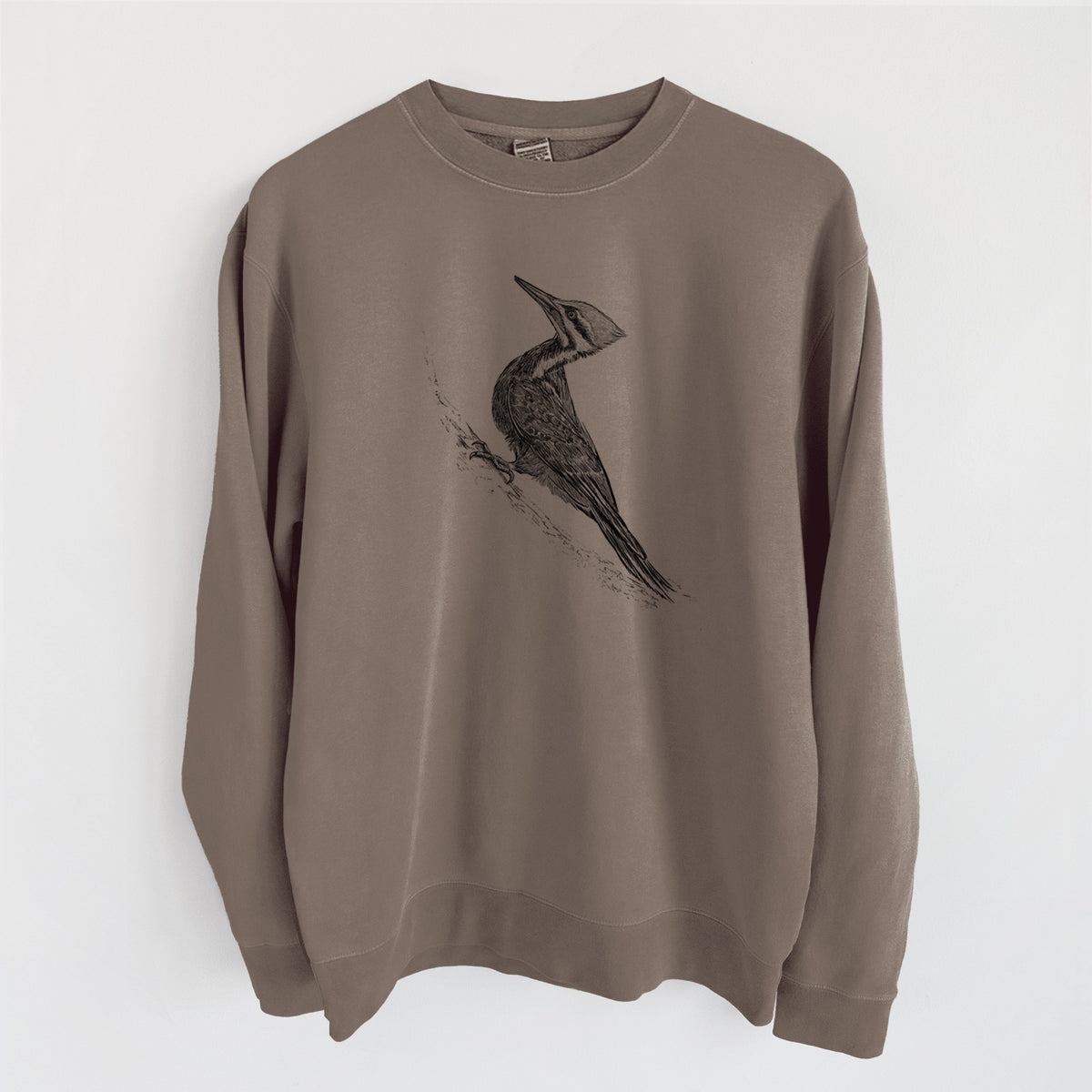 Pileated Woodpecker - Dryocopus pileatus - Unisex Pigment Dyed Crew Sweatshirt in Espresso Brown Color