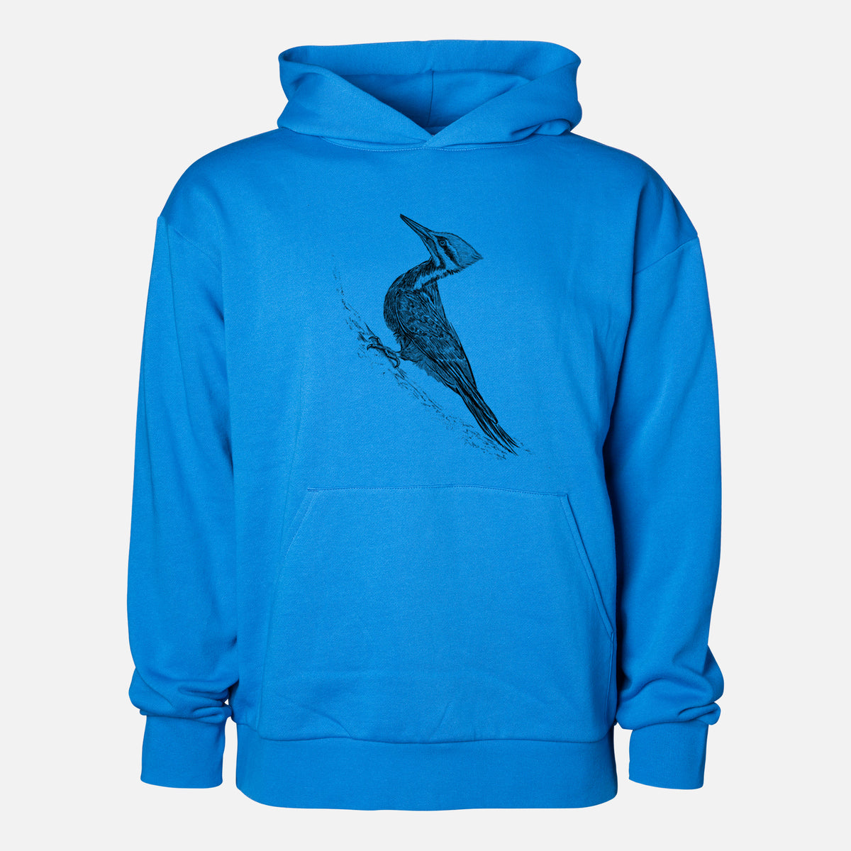 Pileated Woodpecker - Dryocopus pileatus - Statement Midweight Hoodie in Azure Blue, shown from the front with the design printed on the chest above a front kangaroo pocket.