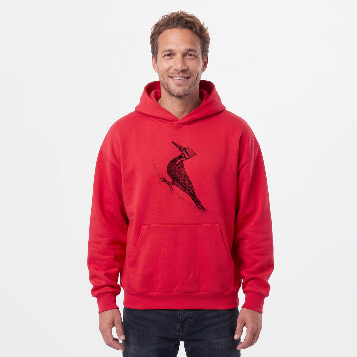 Male model wearing the Pileated Woodpecker - Dryocopus pileatus - Statement Midweight Hoodie.
