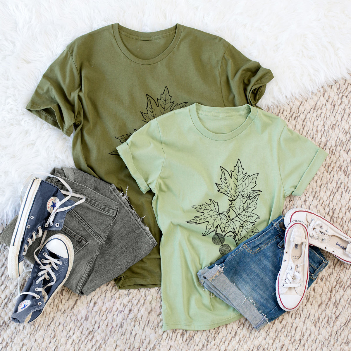 CLOSEOUT - Platanus Orientalis - Oriental Plane Tree Stem with Leaves - Unisex Crewneck - Made in USA - 100% Organic Cotton