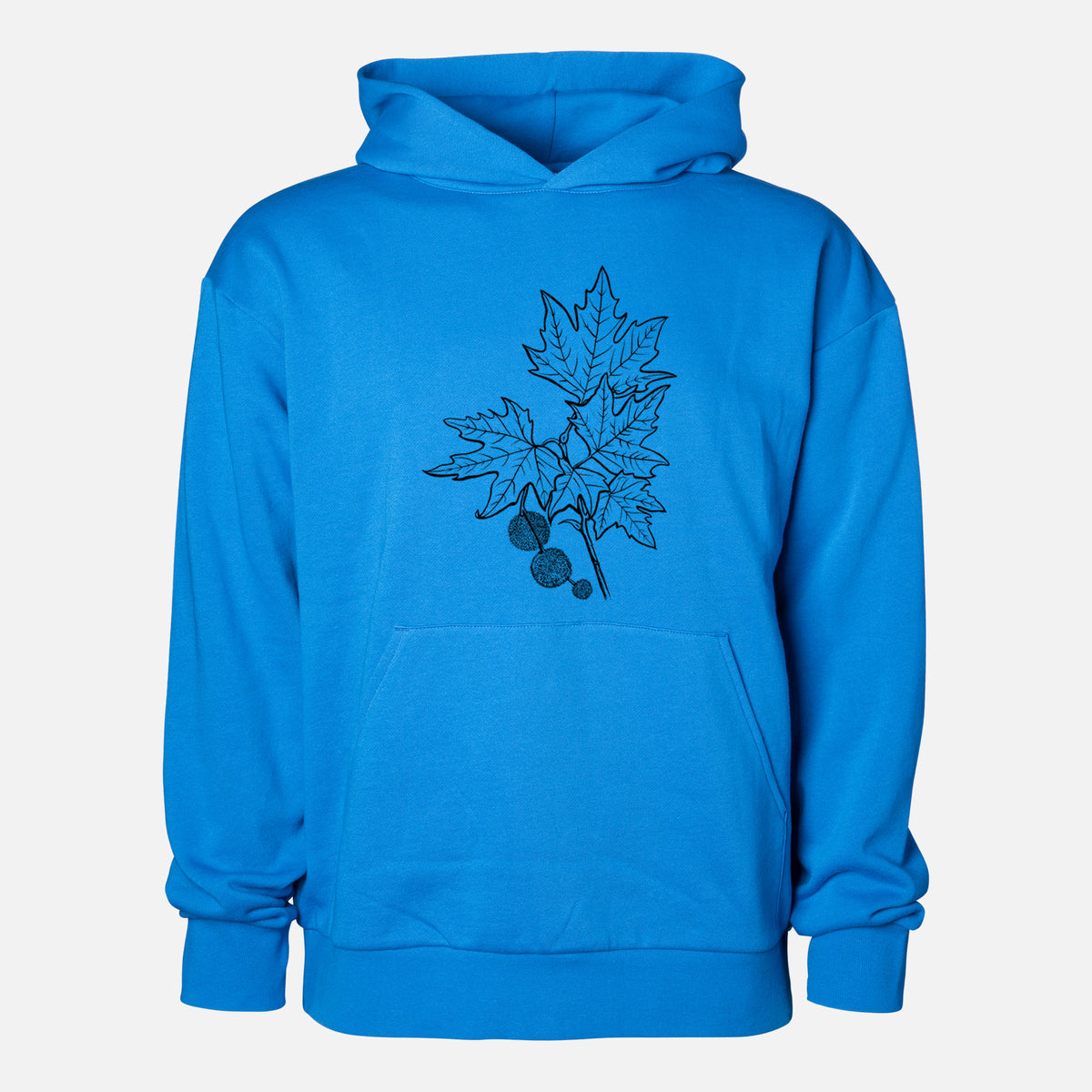 Platanus Orientalis - Oriental Plane Tree Stem with Leaves - Statement Midweight Hoodie in Azure Blue, shown from the front with the design printed on the chest above a front kangaroo pocket.