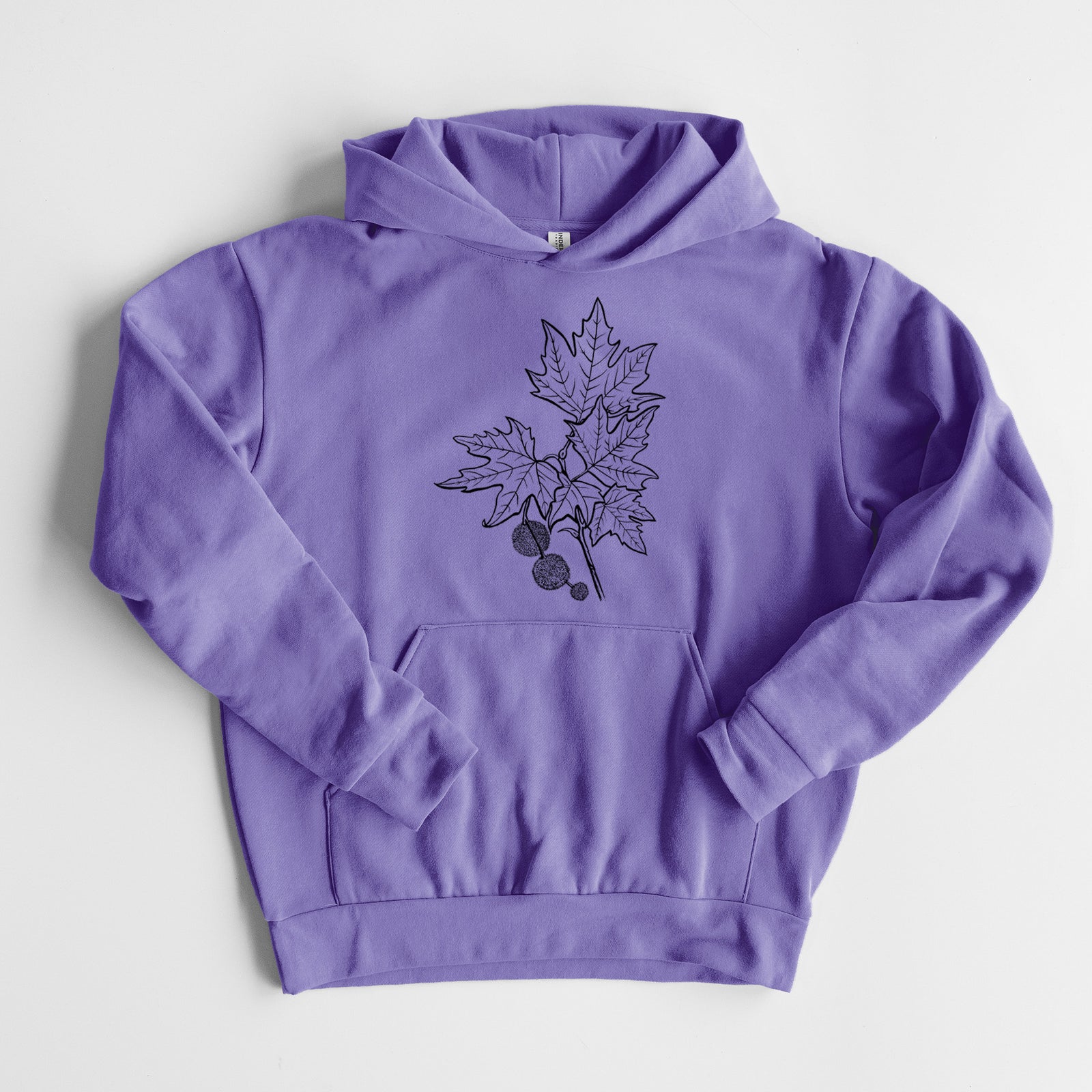 Platanus Orientalis - Oriental Plane Tree Stem with Leaves - Statement Midweight Hoodie in Violet, laid flat, showing the oversized boxy fit and front kangaroo pocket.