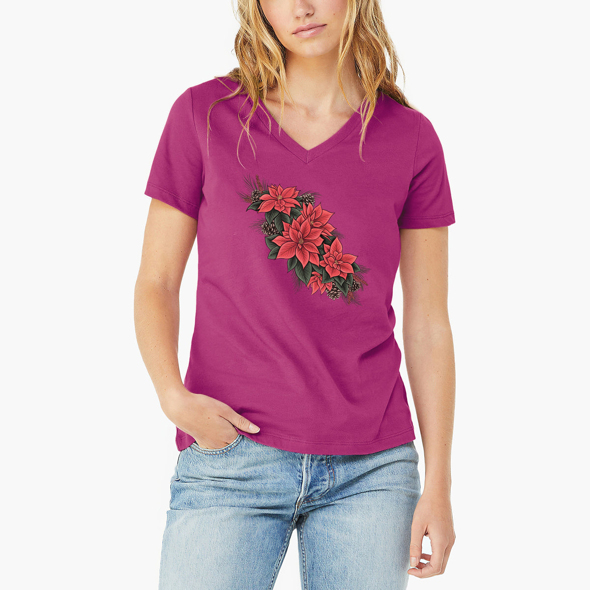 Winter Poinsettias - Euphorbia pulcherrima - Women's Lightweight Relaxed Fit 100% Cotton V-neck