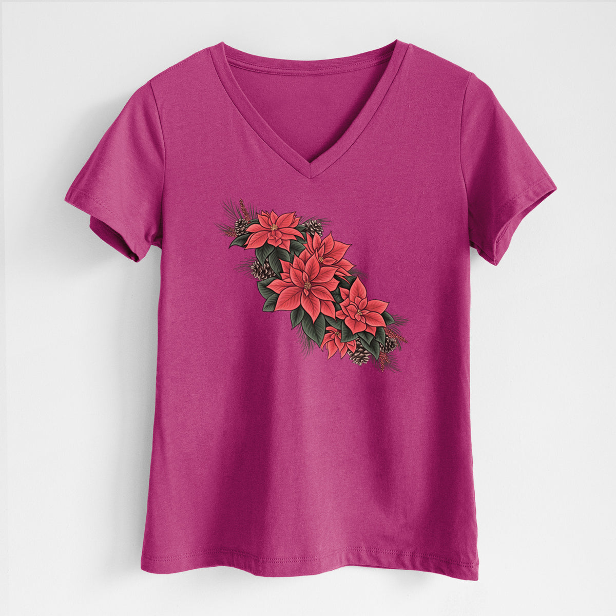 Winter Poinsettias - Euphorbia pulcherrima - Women's Lightweight Relaxed Fit 100% Cotton V-neck