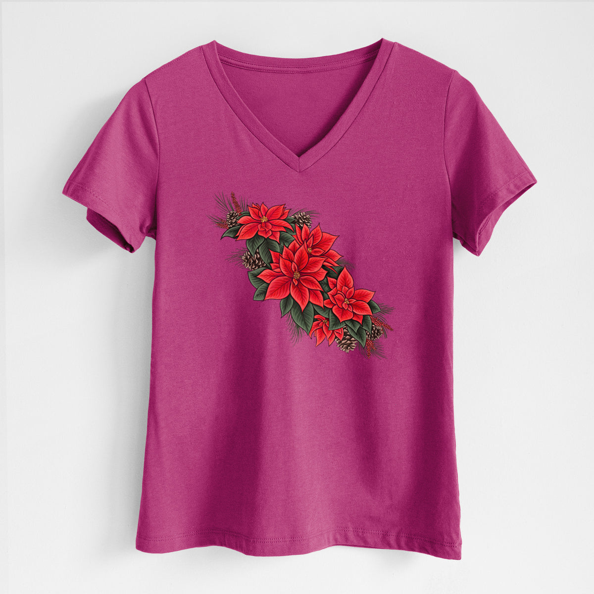 Winter Poinsettias - Euphorbia pulcherrima - Women's Lightweight Relaxed Fit 100% Cotton V-neck