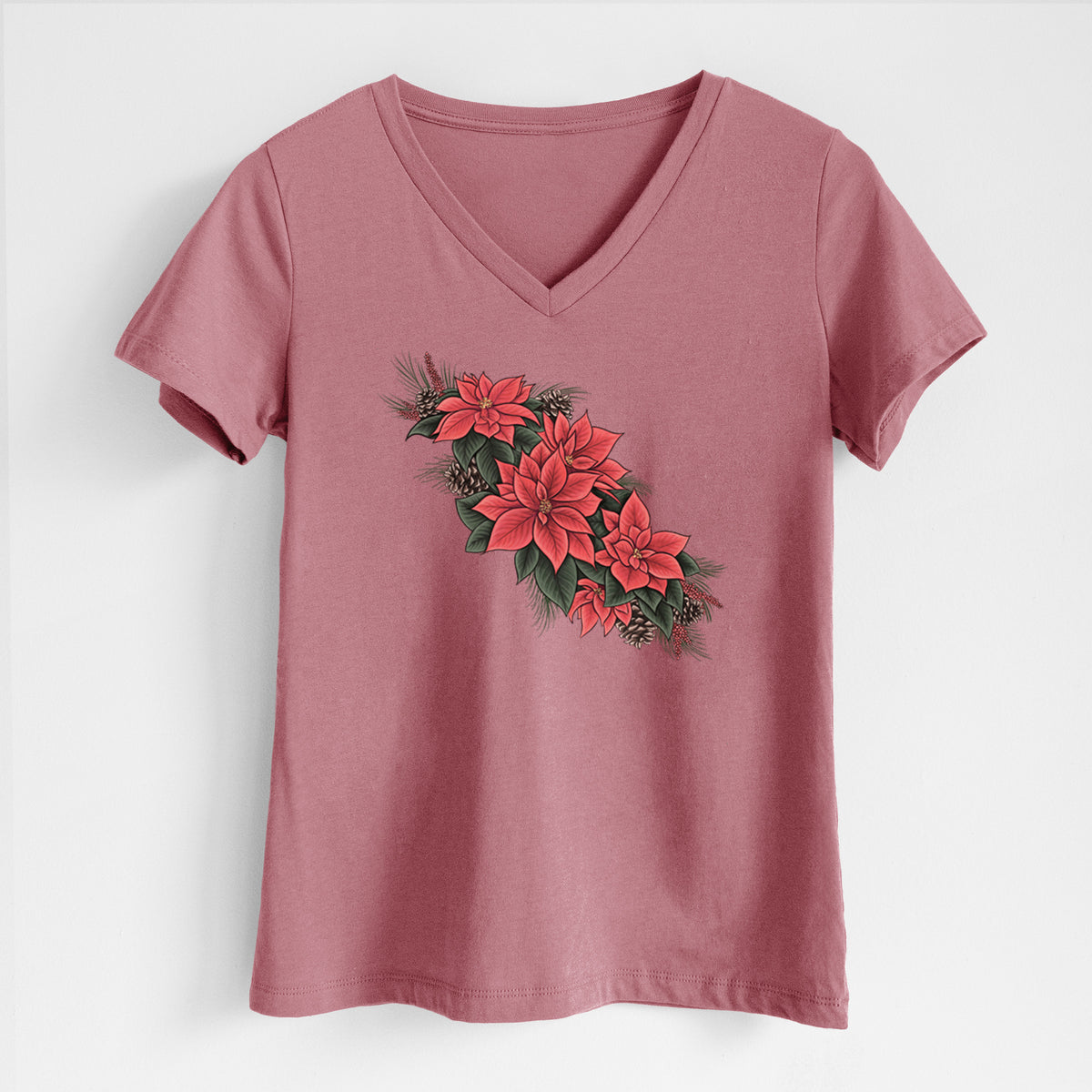 Winter Poinsettias - Euphorbia pulcherrima - Women's Lightweight Relaxed Fit 100% Cotton V-neck