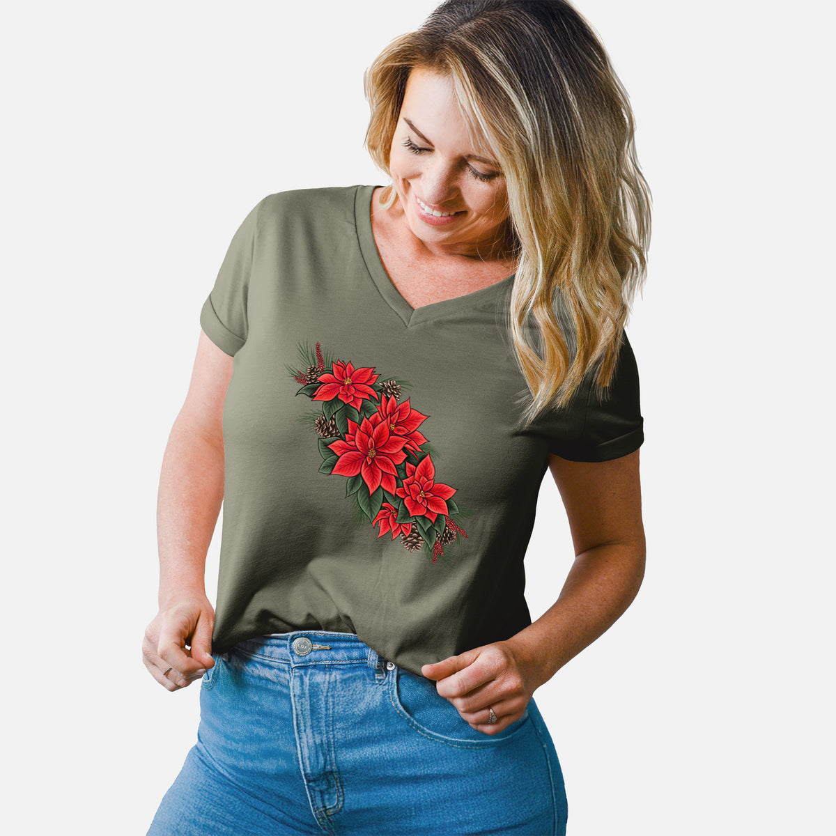 Winter Poinsettias - Euphorbia pulcherrima - Women's Lightweight Relaxed Fit 100% Cotton V-neck