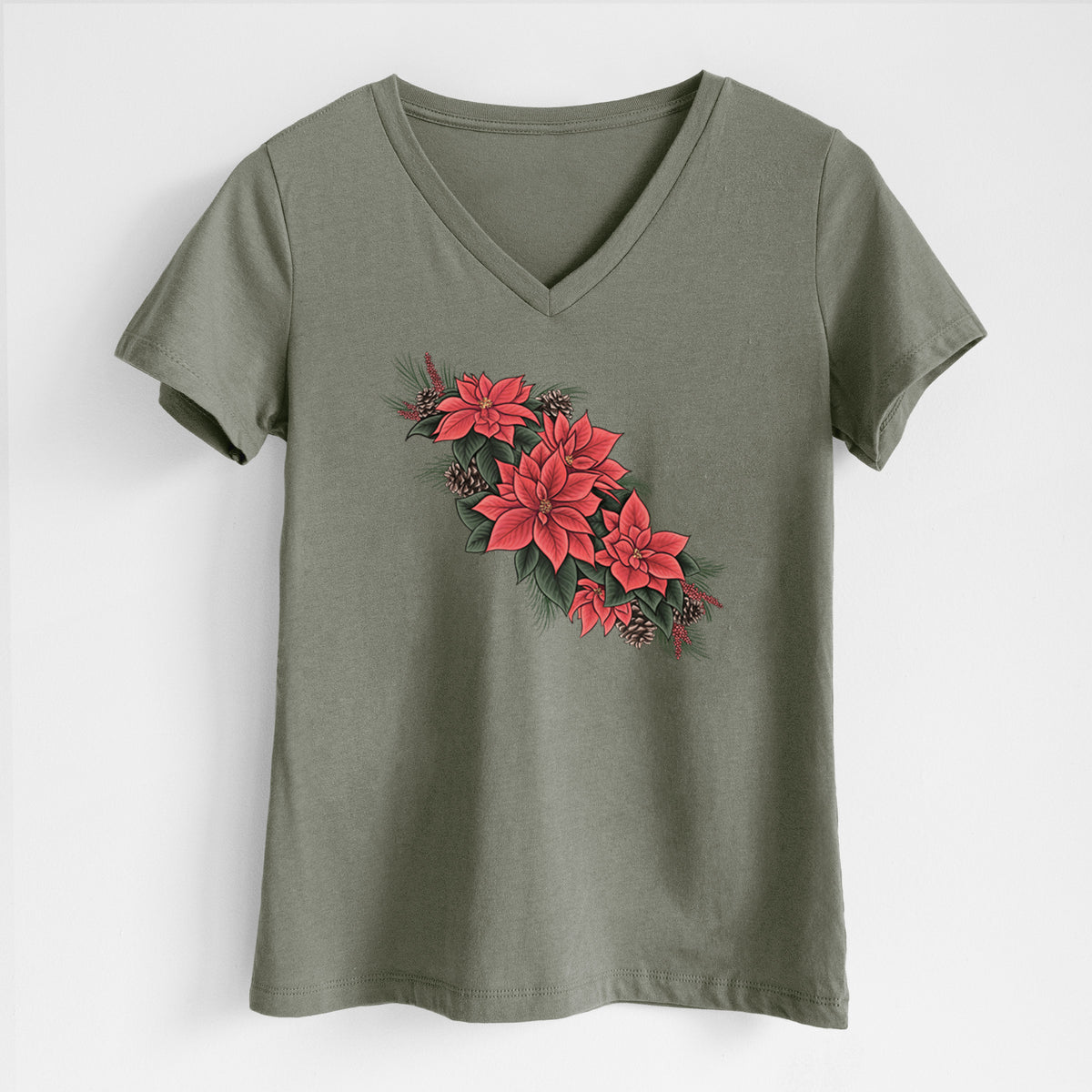 Winter Poinsettias - Euphorbia pulcherrima - Women's Lightweight Relaxed Fit 100% Cotton V-neck
