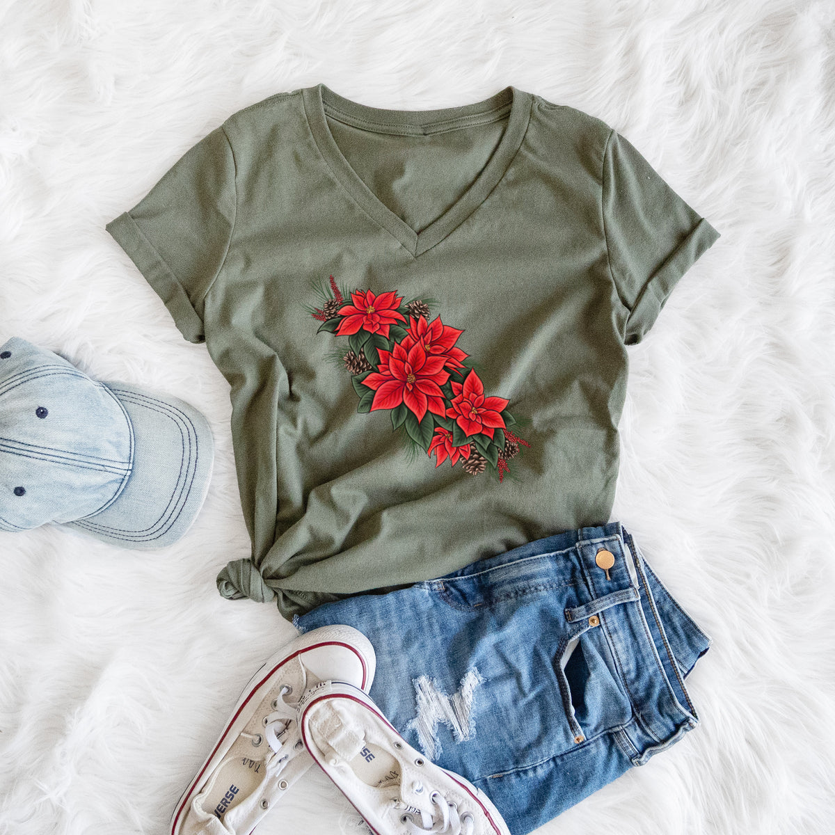 Winter Poinsettias - Euphorbia pulcherrima - Women's Lightweight Relaxed Fit 100% Cotton V-neck