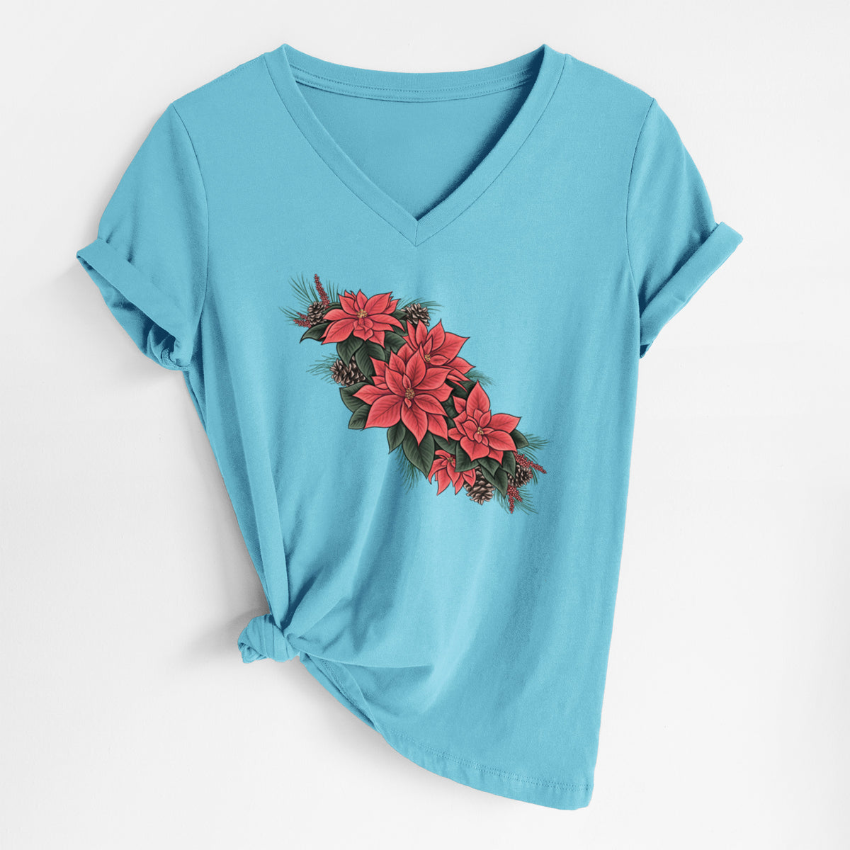 Winter Poinsettias - Euphorbia pulcherrima - Women's Lightweight Relaxed Fit 100% Cotton V-neck