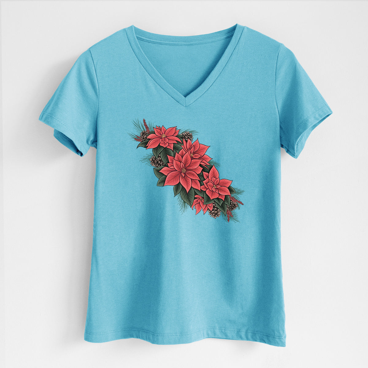 Winter Poinsettias - Euphorbia pulcherrima - Women's Lightweight Relaxed Fit 100% Cotton V-neck