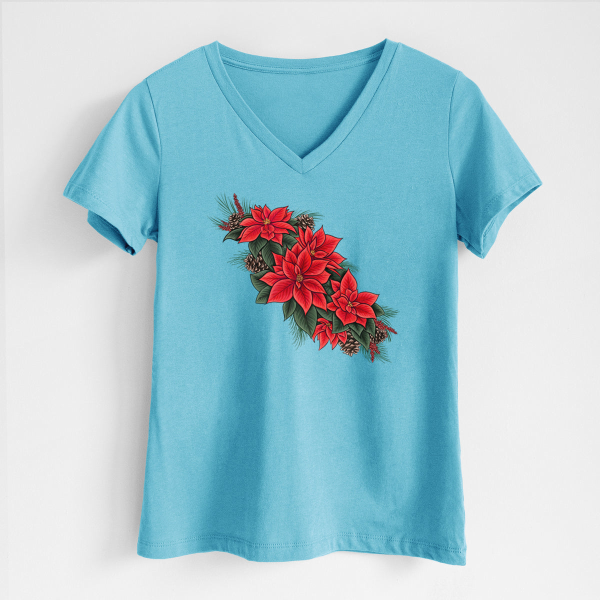 Winter Poinsettias - Euphorbia pulcherrima - Women's Lightweight Relaxed Fit 100% Cotton V-neck