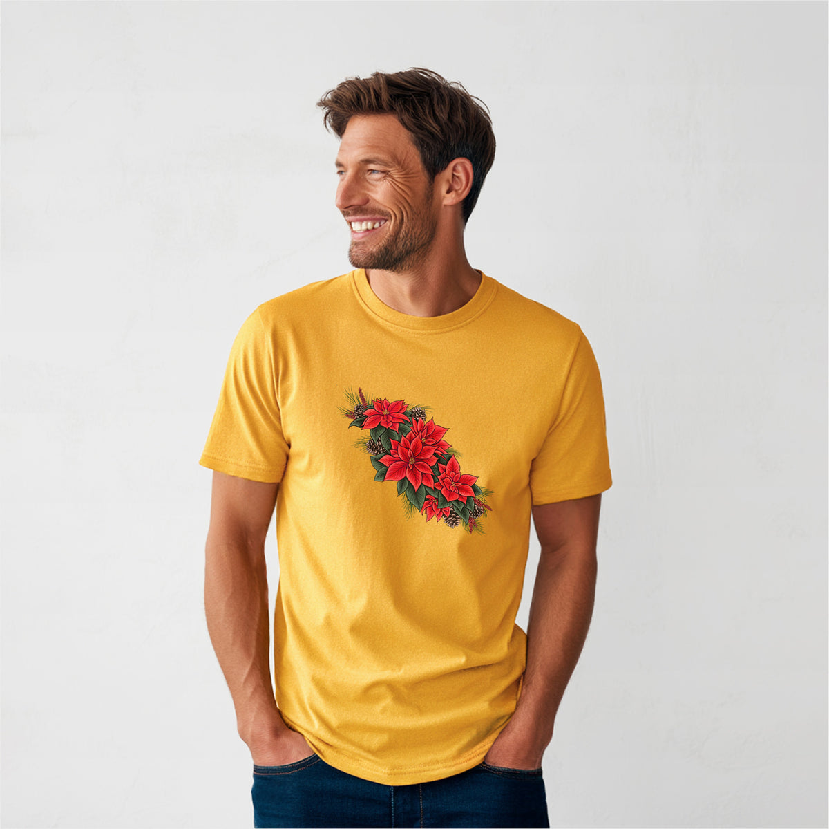Winter Poinsettias - Euphorbia pulcherrima - Heavyweight Men's 100% Organic Cotton Tee