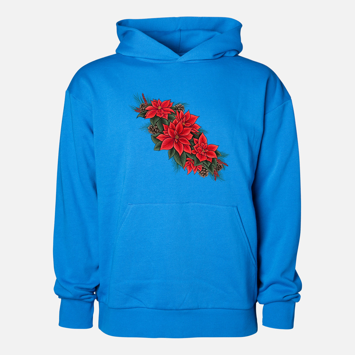 Winter Poinsettias - Euphorbia pulcherrima - Statement Midweight Hoodie in Azure Blue, shown from the front with the design printed on the chest above a front kangaroo pocket.