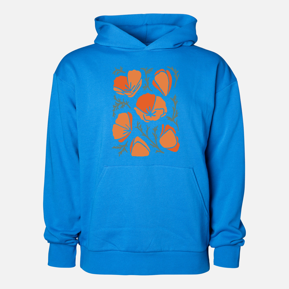 Poppy Vibes - Statement Midweight Hoodie in Azure Blue, shown from the front with the design printed on the chest above a front kangaroo pocket.