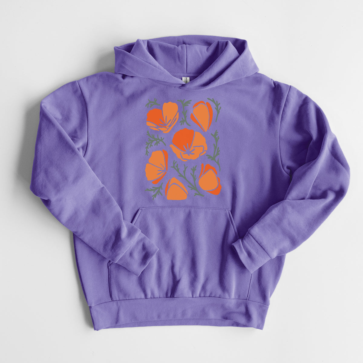 Poppy Vibes - Statement Midweight Hoodie in Violet, laid flat, showing the oversized boxy fit and front kangaroo pocket.