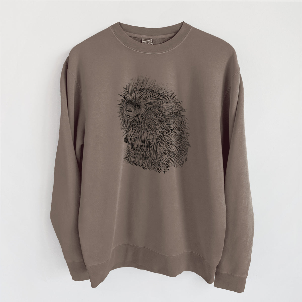 North American Porcupine - Erethizon dorsatum - Unisex Pigment Dyed Crew Sweatshirt in Espresso Brown Color