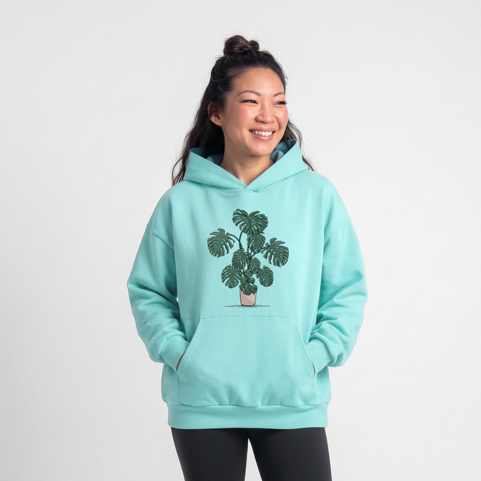 Potted Monstera Plant - Statement Midweight Hoodie in Violet, laid flat, showing the oversized boxy fit and front kangaroo pocket.