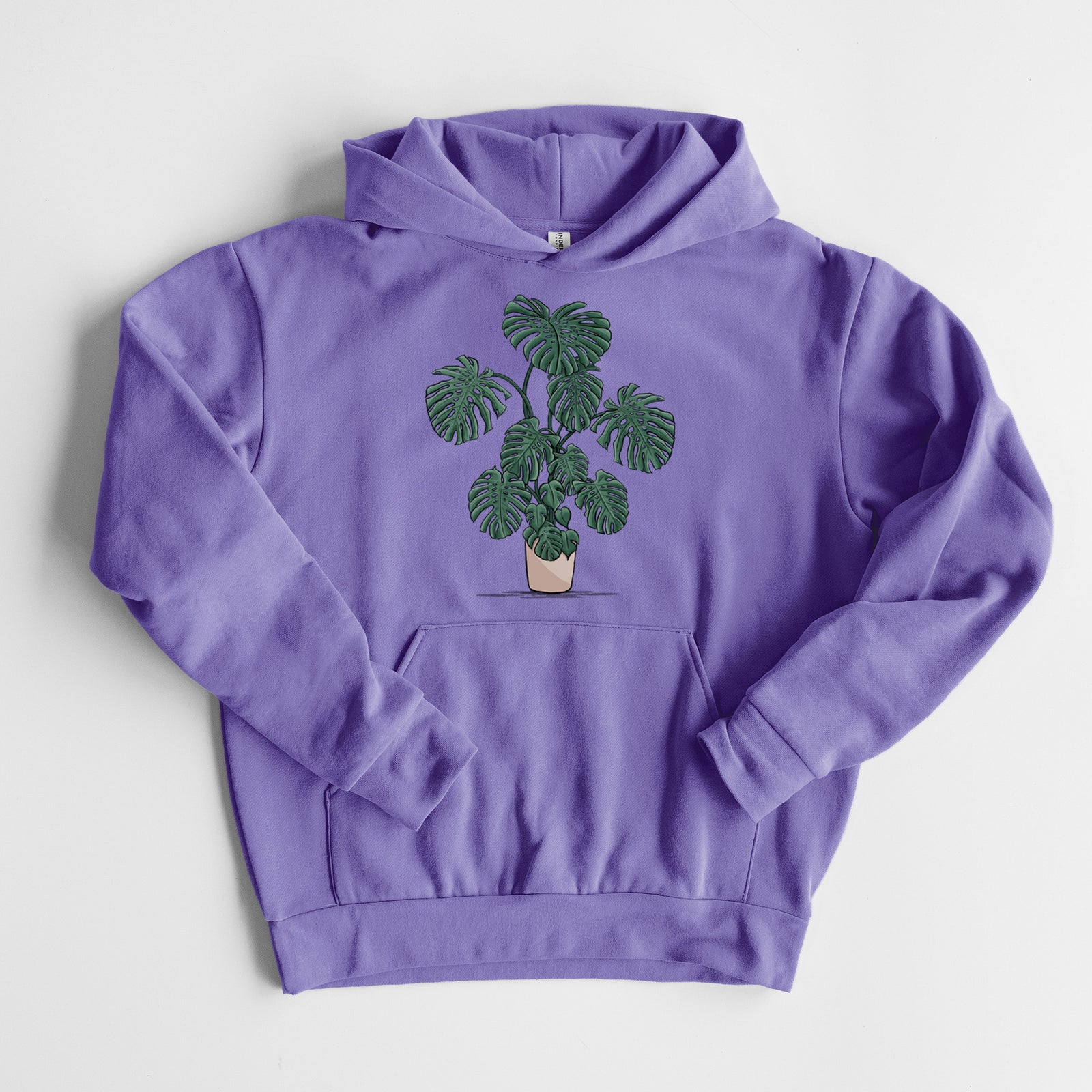 Potted Monstera Plant - Statement Midweight Hoodie in Violet, laid flat, showing the oversized boxy fit and front kangaroo pocket.