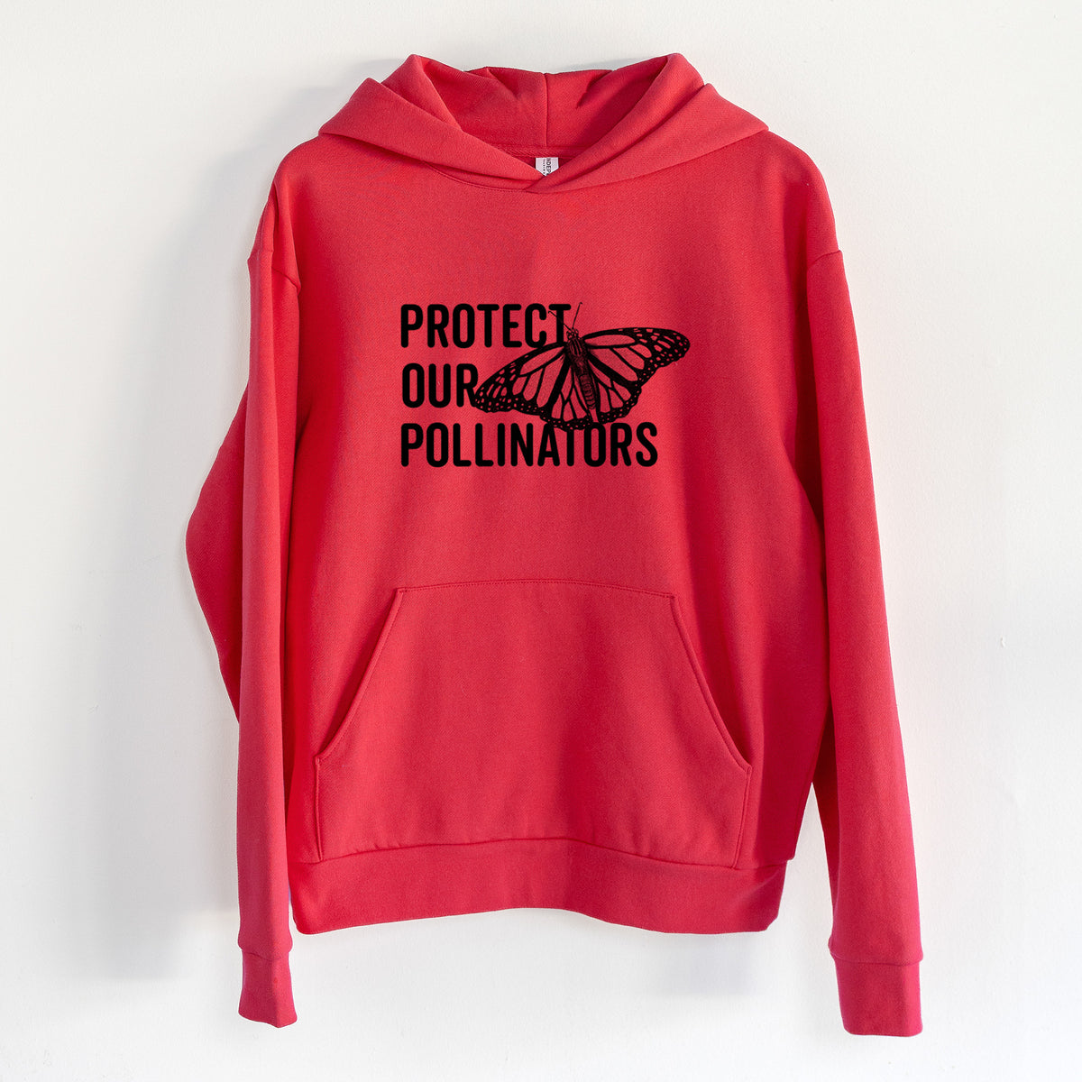 Protect our Pollinators - Statement Midweight Hoodie in Cherry Red, hanging on a white wall, with a front kangaroo pocket and no drawcords.