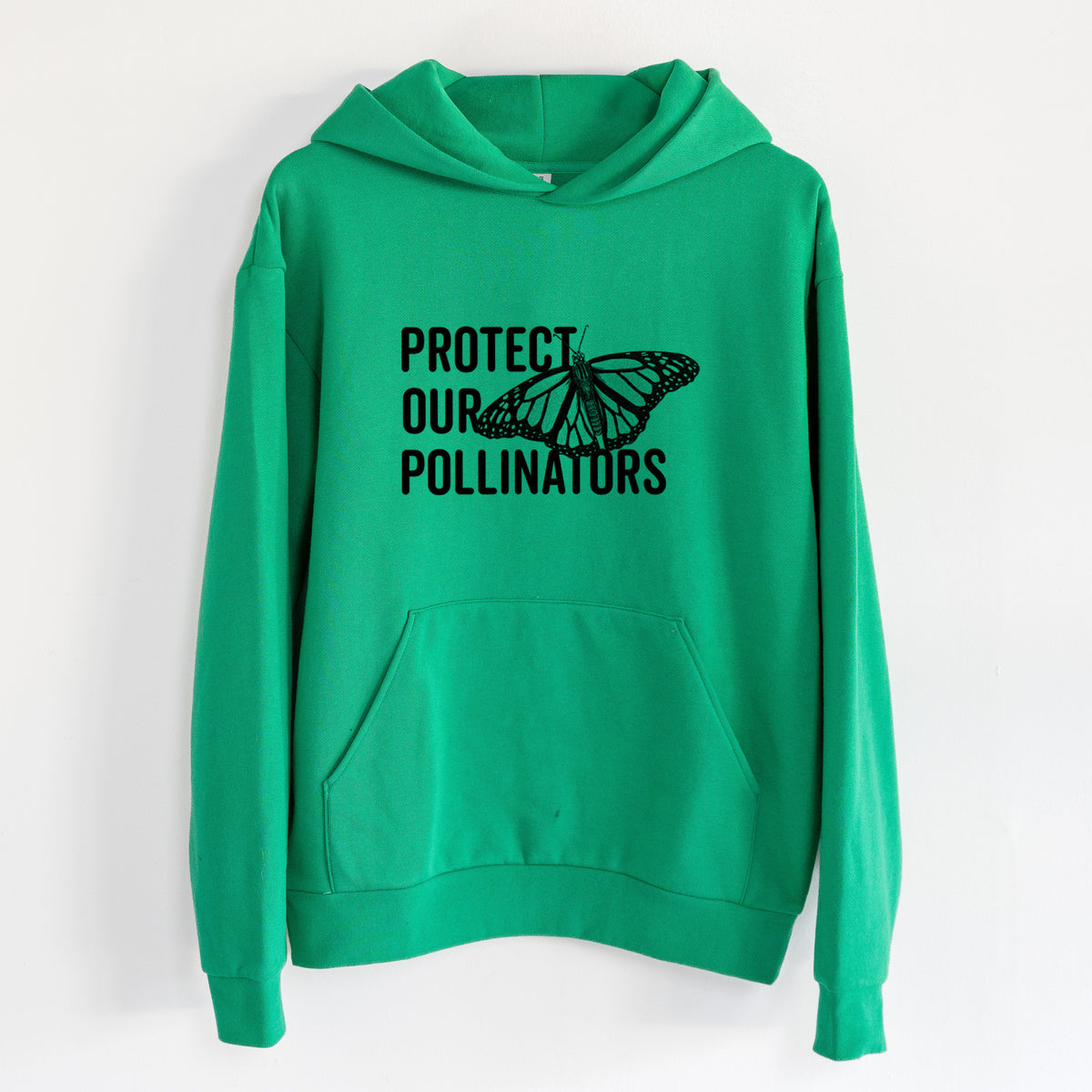 Protect our Pollinators - Statement Midweight Hoodie in Kelly Green, hanging on a white wall, with a front kangaroo pocket and no drawcords.