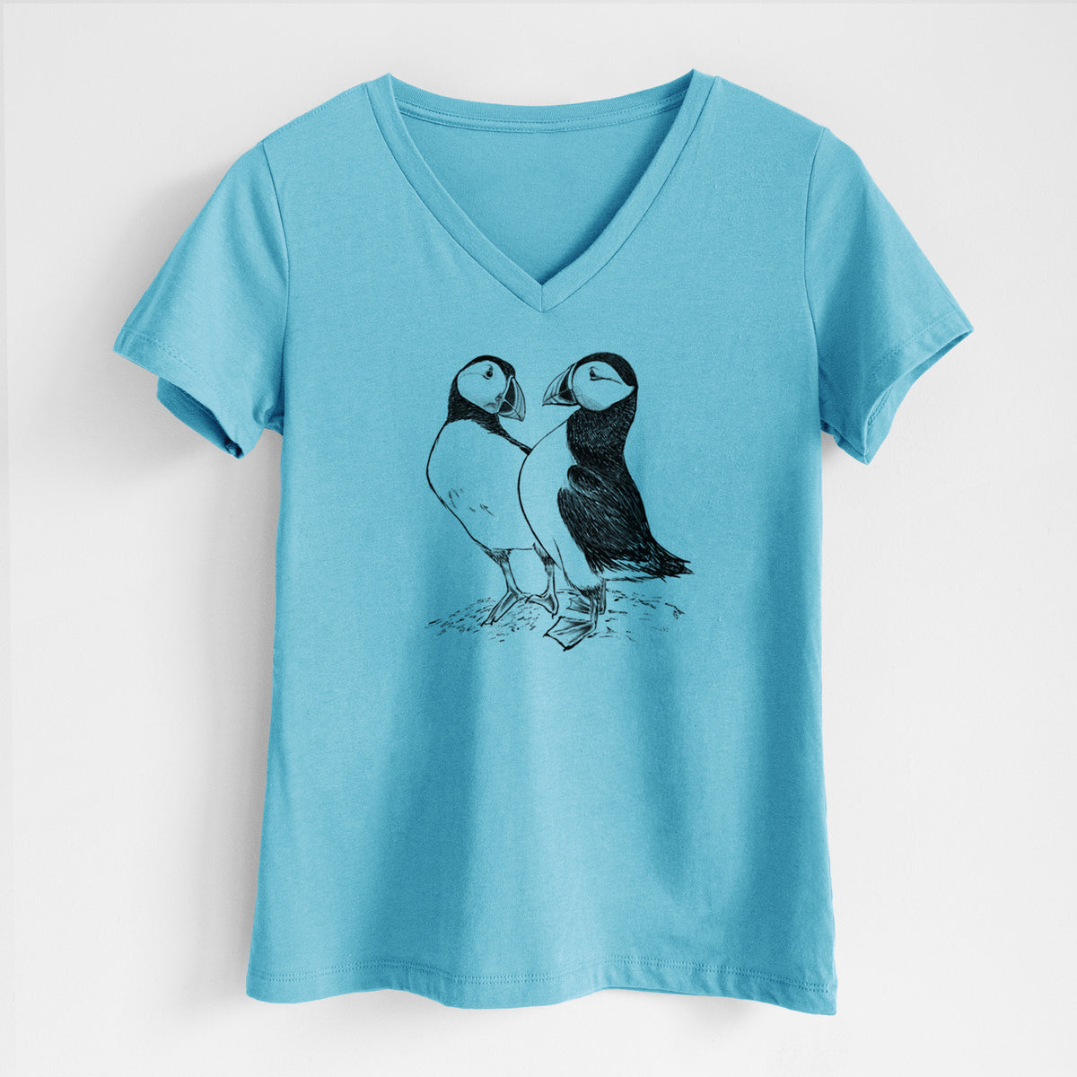 Atlantic Puffins Pair - Fratercula arctica - Women&#39;s Lightweight Relaxed Fit 100% Cotton V-neck