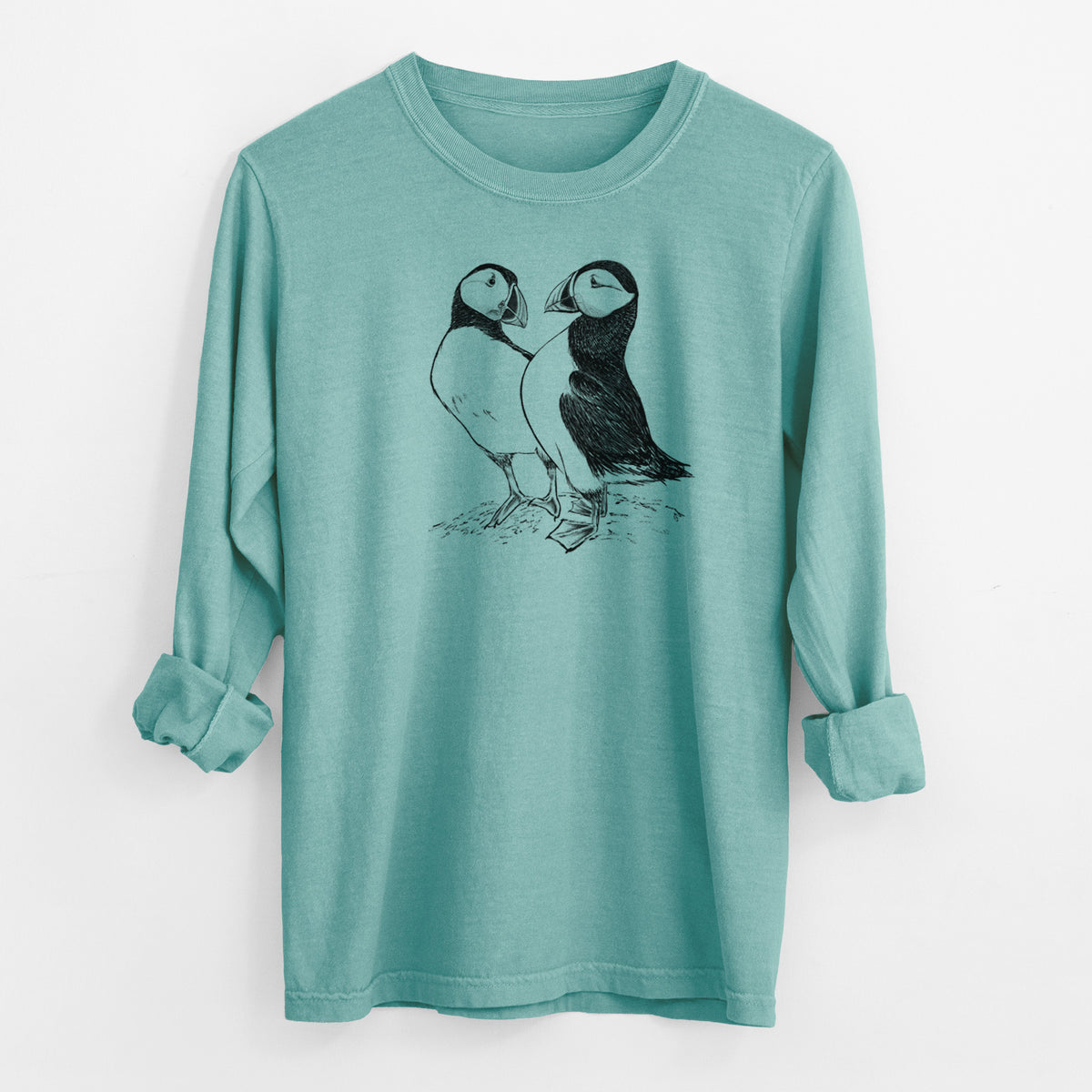 Atlantic Puffins Pair - Fratercula arctica - Men&#39;s Heavyweight 100% Cotton Long Sleeve