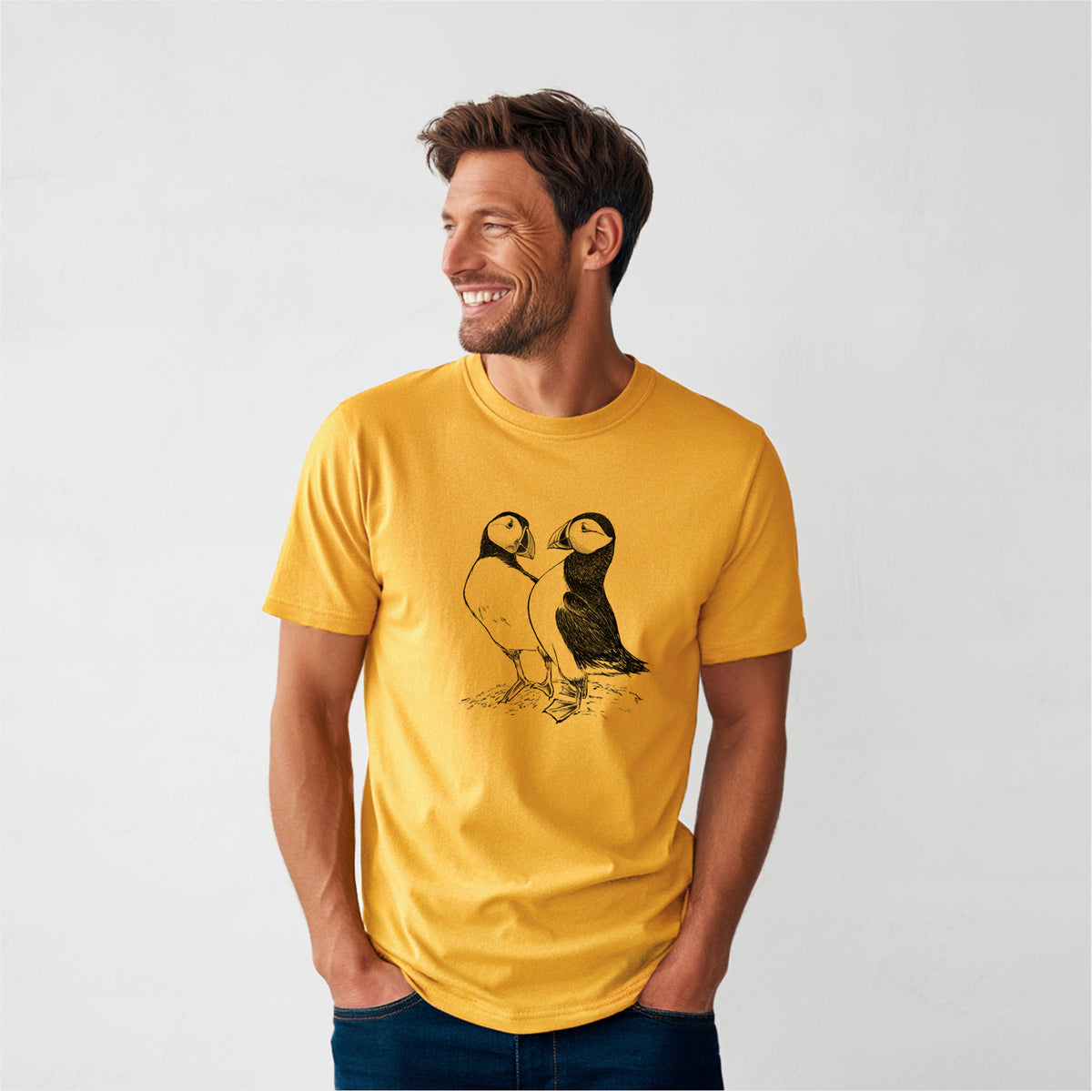 Atlantic Puffins Pair - Fratercula arctica - Heavyweight Men&#39;s 100% Organic Cotton Tee