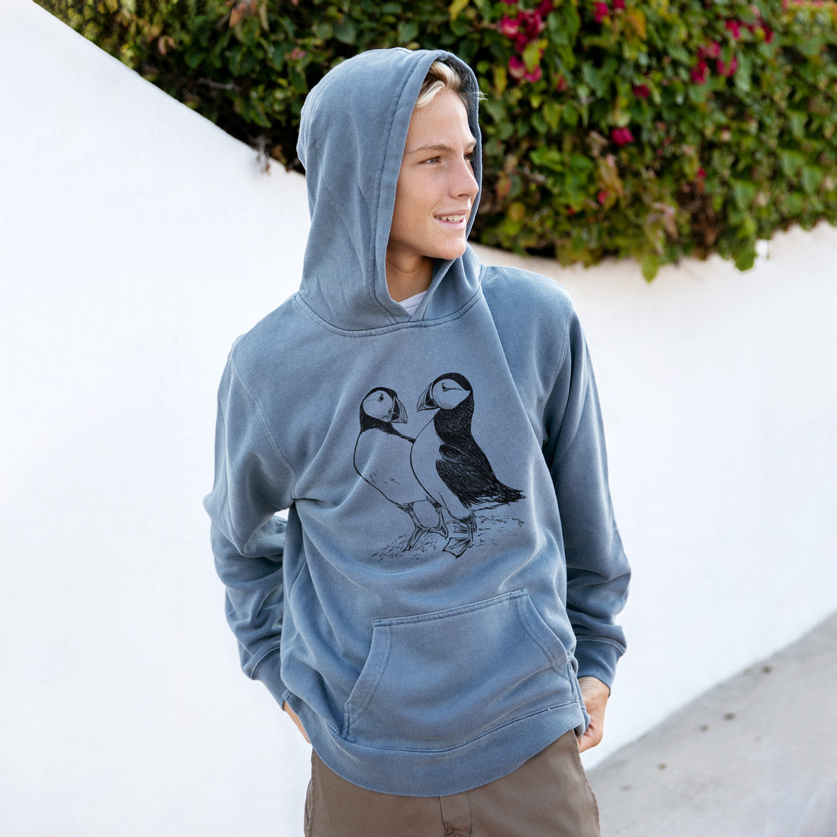 Atlantic Puffins Pair - Fratercula arctica - Youth Pigment Dyed Hoodie