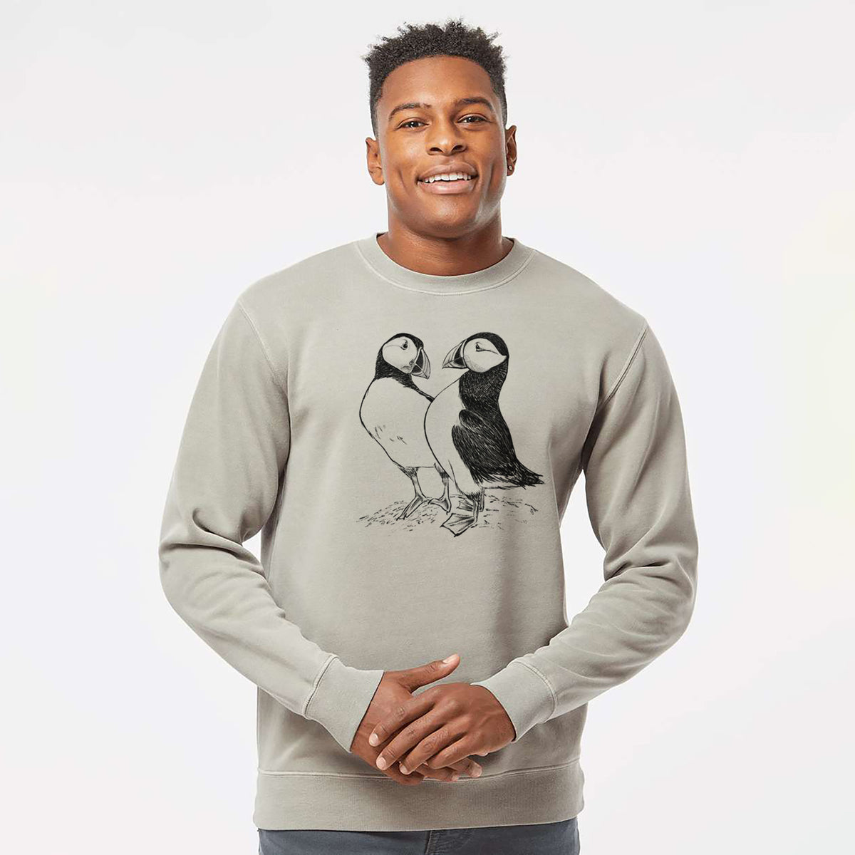 Atlantic Puffins Pair - Fratercula arctica - Unisex Pigment Dyed Crew Sweatshirt