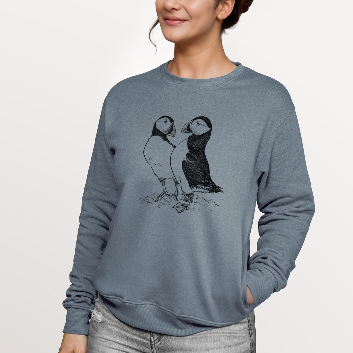 Atlantic Puffins Pair - Fratercula arctica  - Unisex Reclaimed Crewneck Sweatshirt