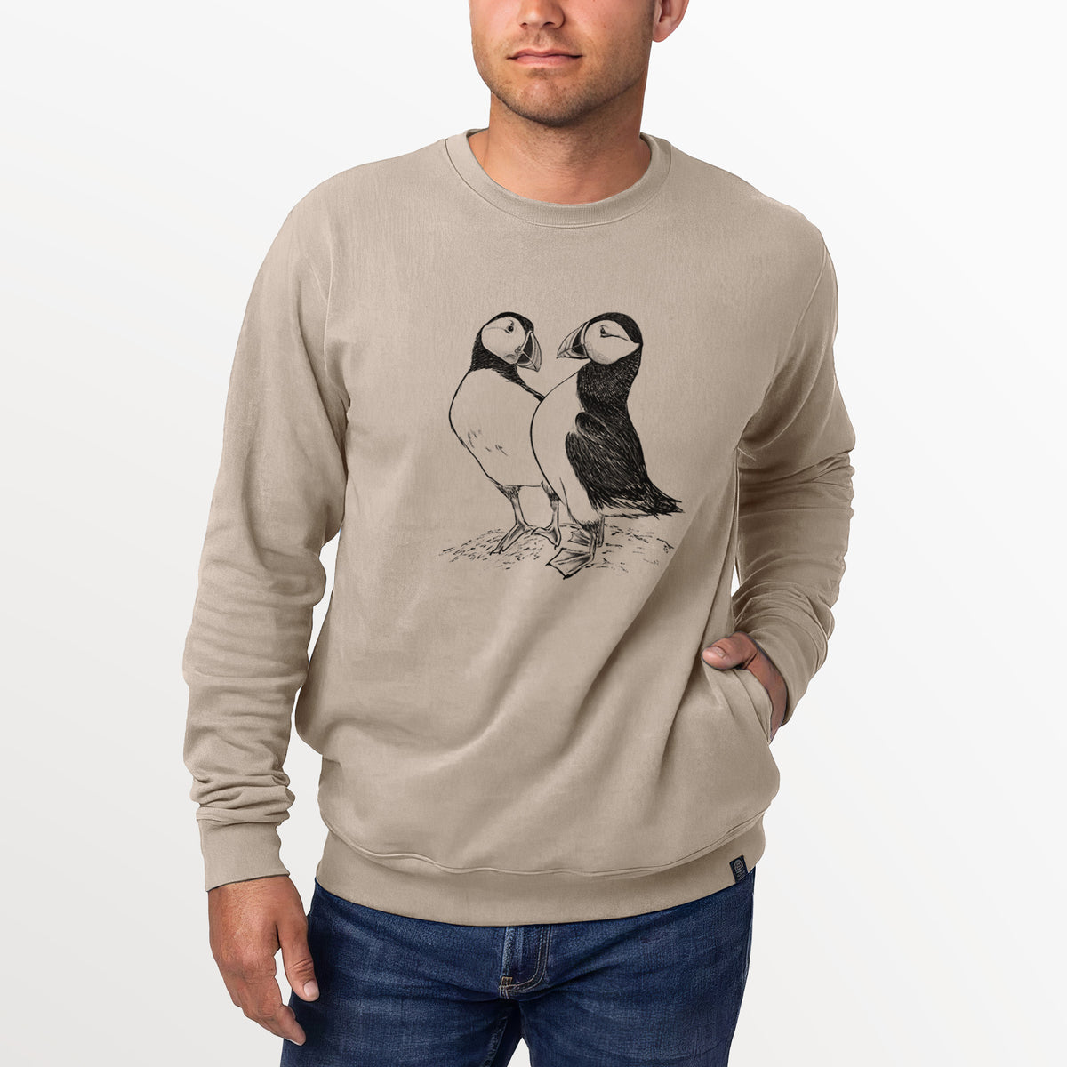 Atlantic Puffins Pair - Fratercula arctica  - Unisex Reclaimed Crewneck Sweatshirt