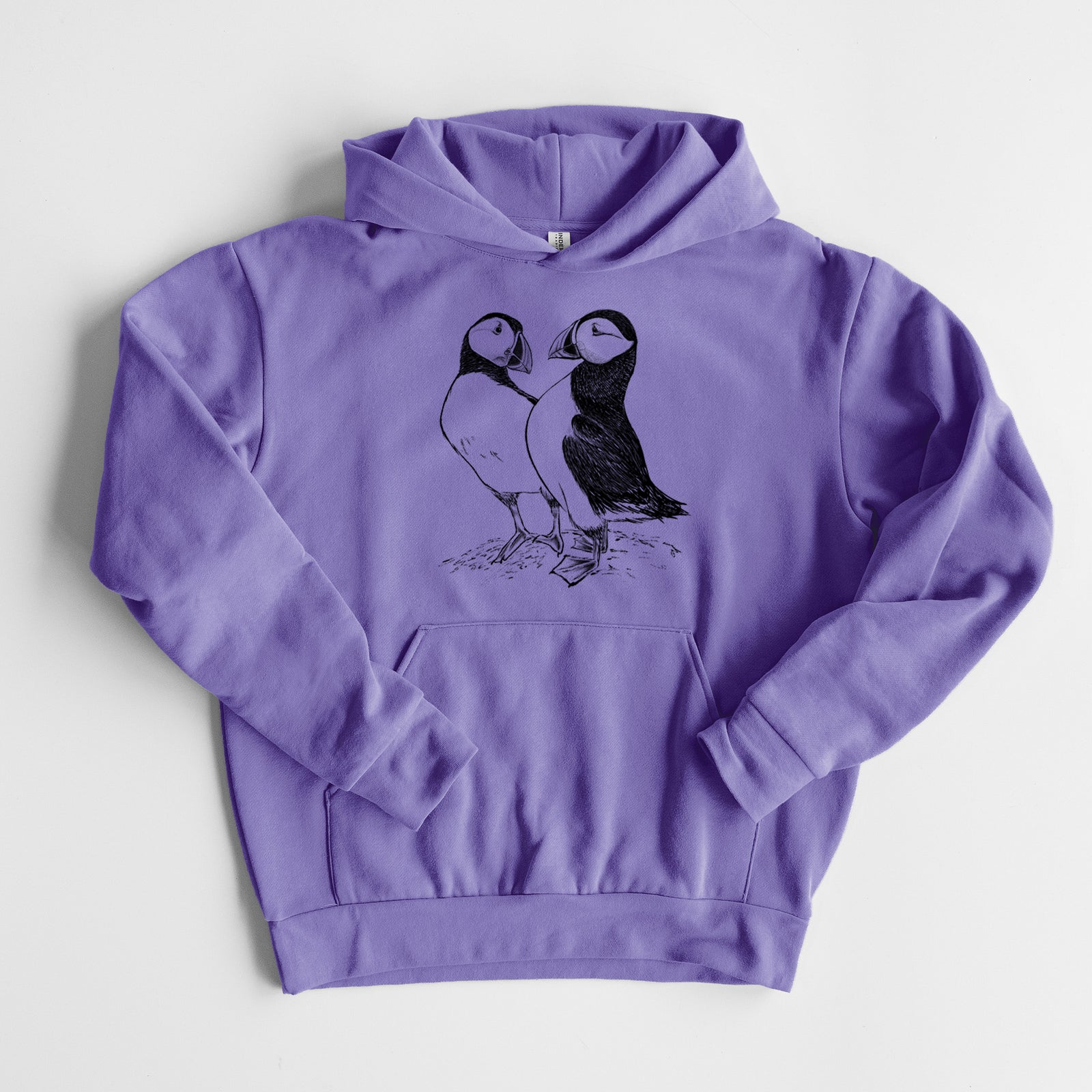 Atlantic Puffins Pair - Fratercula arctica - Statement Midweight Hoodie in Violet, laid flat, showing the oversized boxy fit and front kangaroo pocket.
