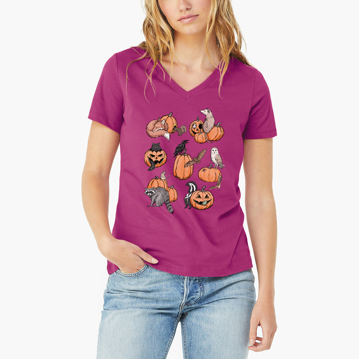 Woodland Pumpkin Patch Party - Women's Lightweight Relaxed Fit 100% Cotton V-neck