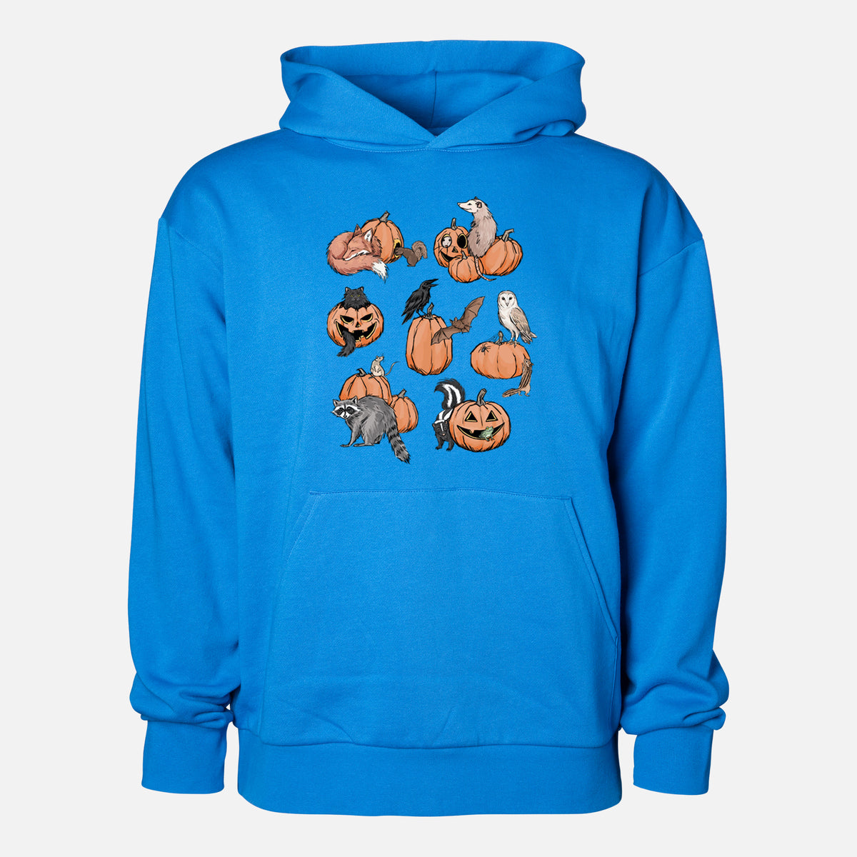Woodland Pumpkin Patch Party - Statement Midweight Hoodie in Azure Blue, shown from the front with the design printed on the chest above a front kangaroo pocket.