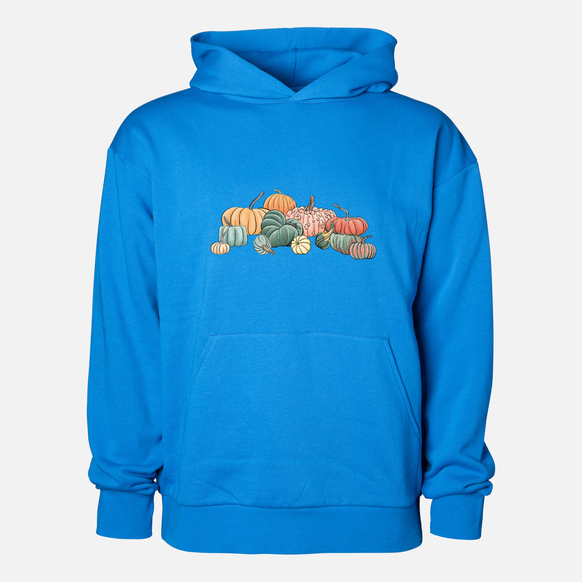 Pumpkin Harvest - Statement Midweight Hoodie in Azure Blue, shown from the front with the design printed on the chest above a front kangaroo pocket.