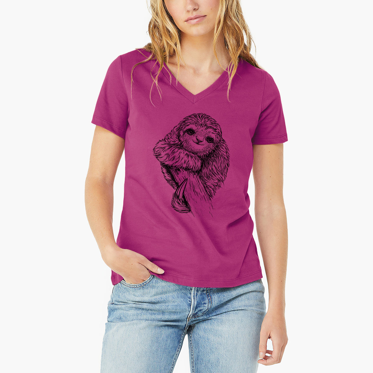 Pygmy Three-toed Sloth - Bradypus pygmaeus - Women&#39;s Lightweight Relaxed Fit 100% Cotton V-neck
