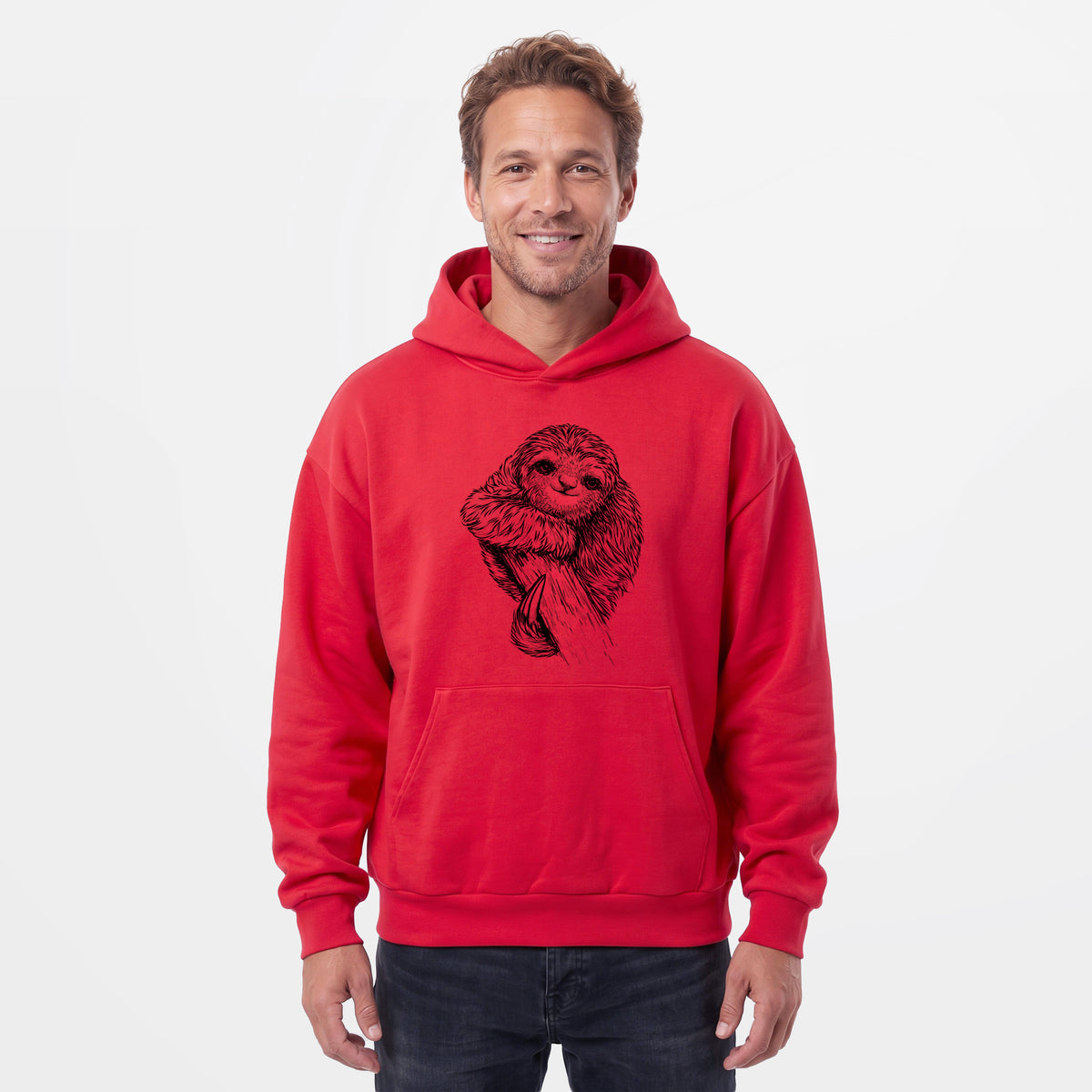 Male model wearing the Pygmy Three-toed Sloth - Bradypus pygmaeus - Statement Midweight Hoodie.