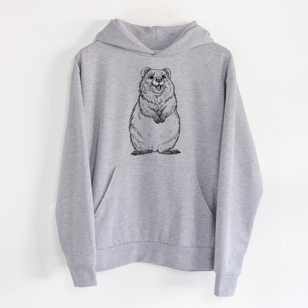 Quokkas - Setonix brachyurus - Statement Midweight Hoodie in Heather Grey, hanging on a white wall, with a front kangaroo pocket and no drawcords.