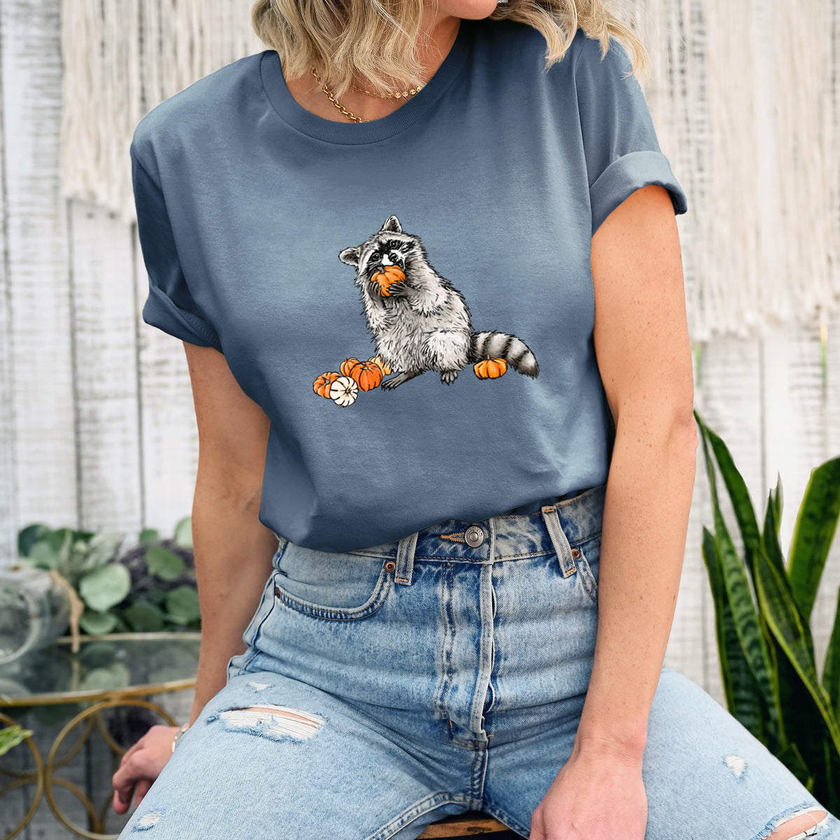Racoon Pumpkin Bandit - Lightweight 100% Cotton Unisex Crewneck