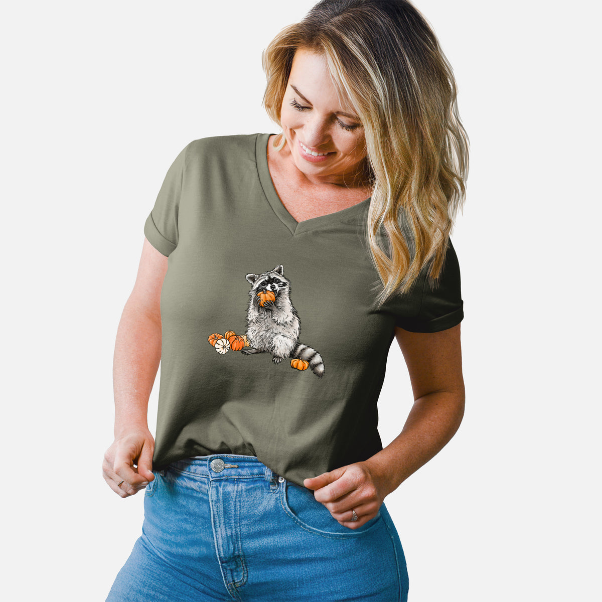 Racoon Pumpkin Bandit - Women's Lightweight Relaxed Fit 100% Cotton V-neck