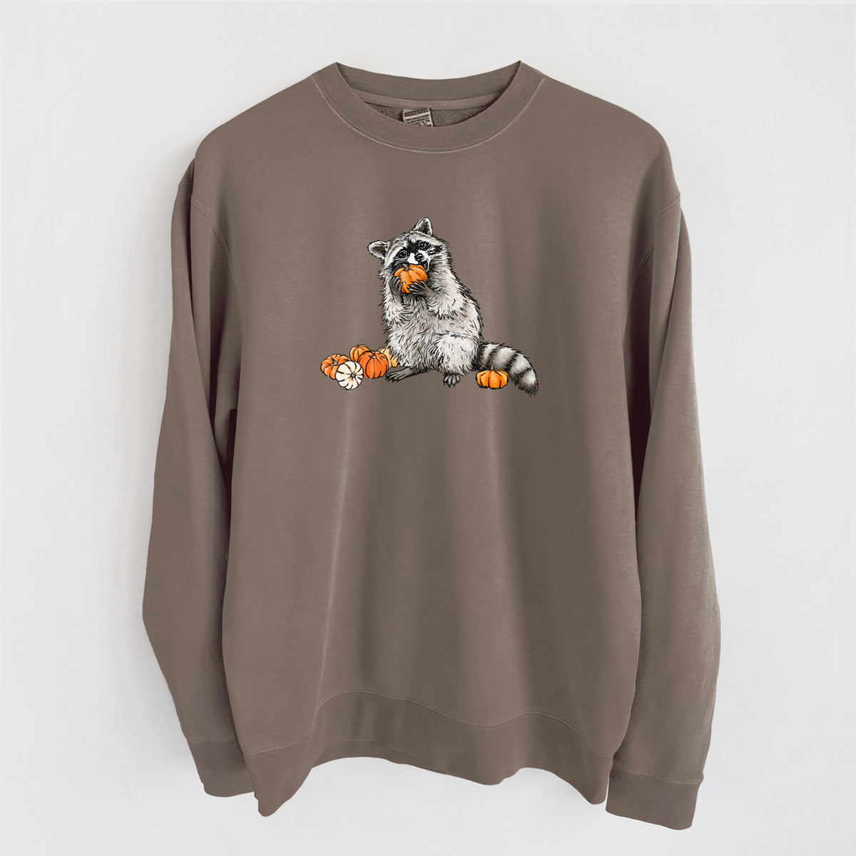 Raccoon Pumpkin Bandit - Unisex Pigment Dyed Crew Sweatshirt in Espresso