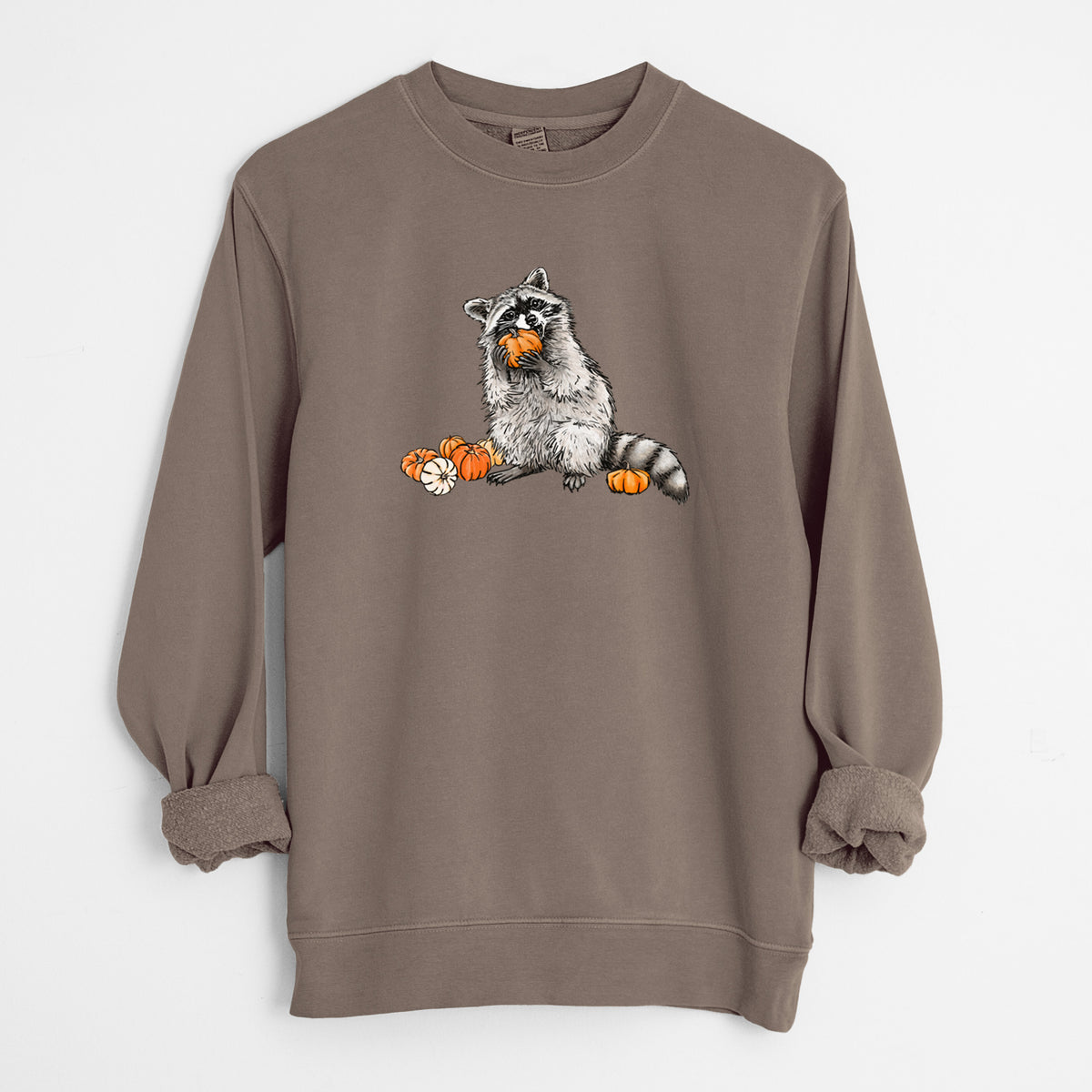 Raccoon Pumpkin Bandit - Unisex Pigment Dyed Crew Sweatshirt in Espresso